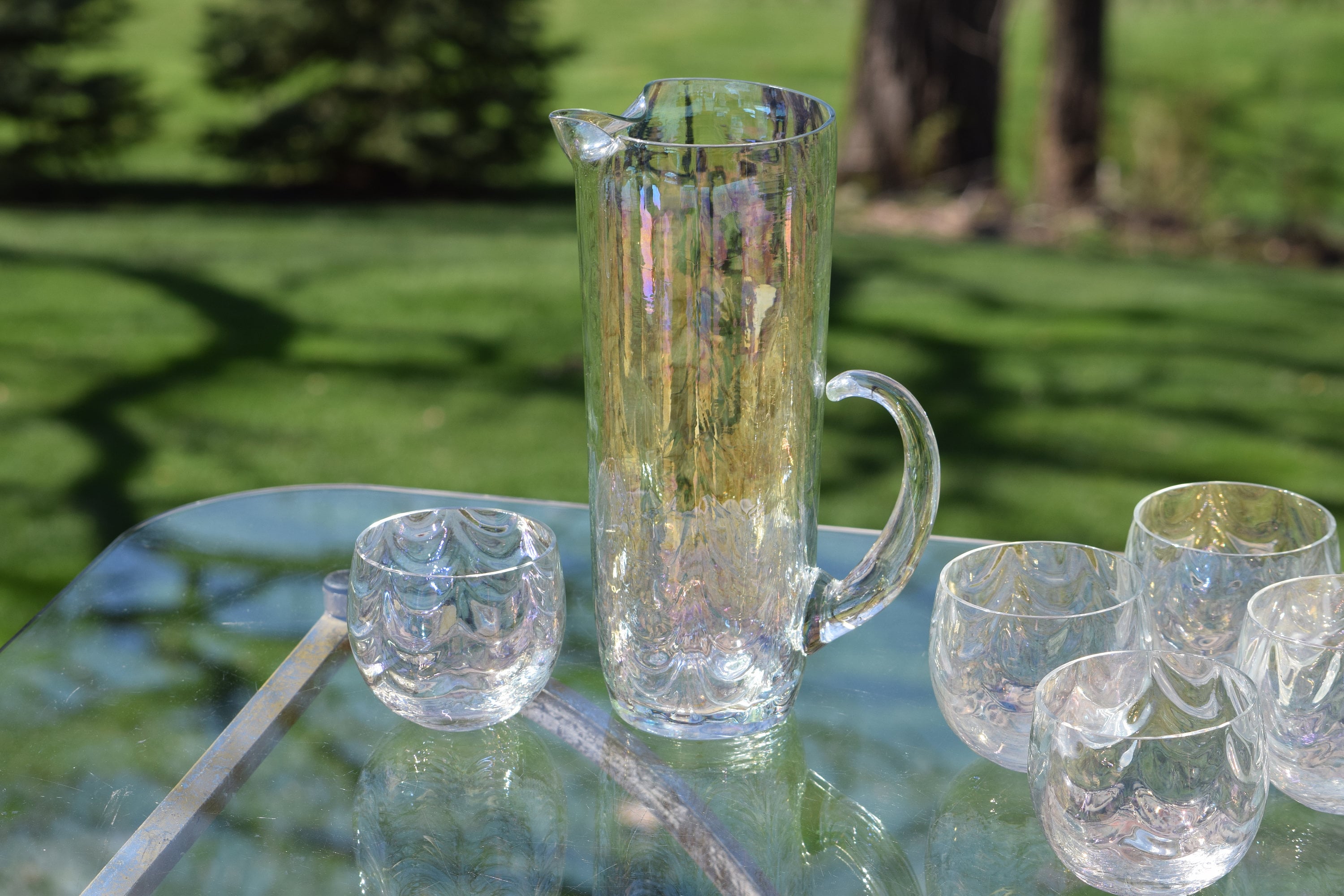 Vintage Iridescent Loop Optic Cocktail Pitcher with 6 Roly Polys, Fostoria,  Coral Pearl, 1960's, Batch Cocktail Pitcher, Home Bartender