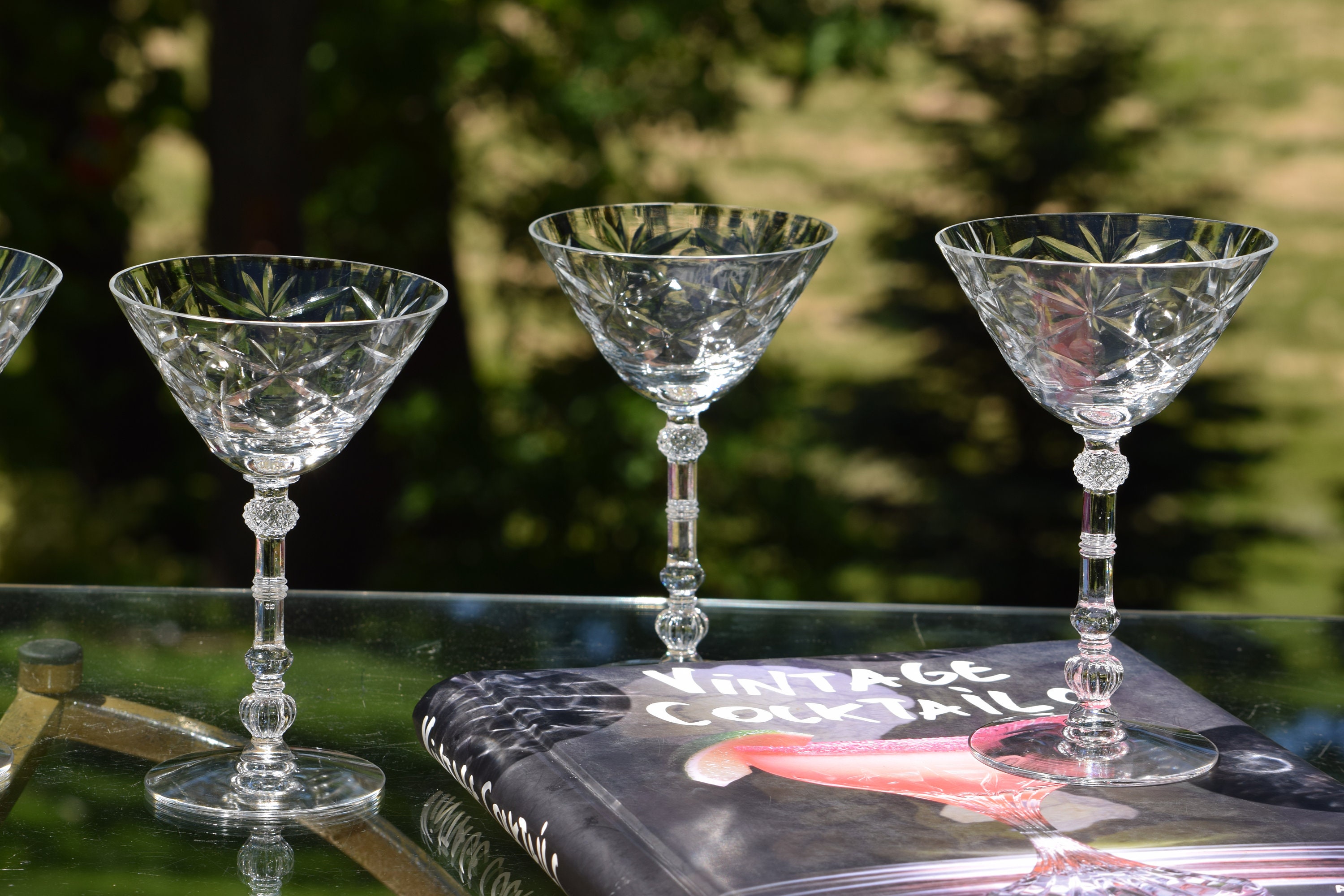 4 Vintage Etched CRYSTAL Cocktail Glasses, Vintage Crystal Martini Glass, Wedding Toasting