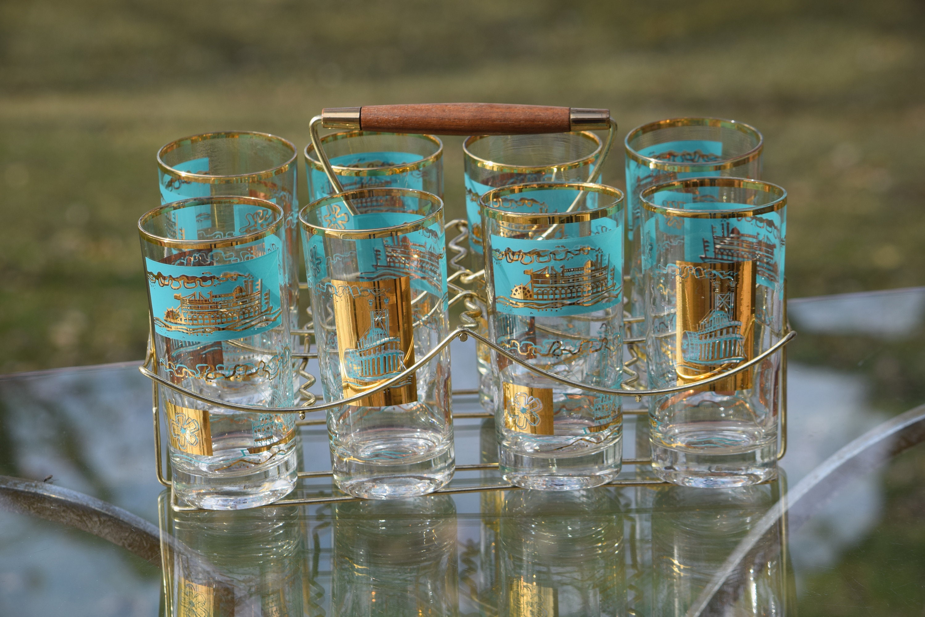 Vintage Highball Glass with Caddy, Mid Century Gold & Turquoise