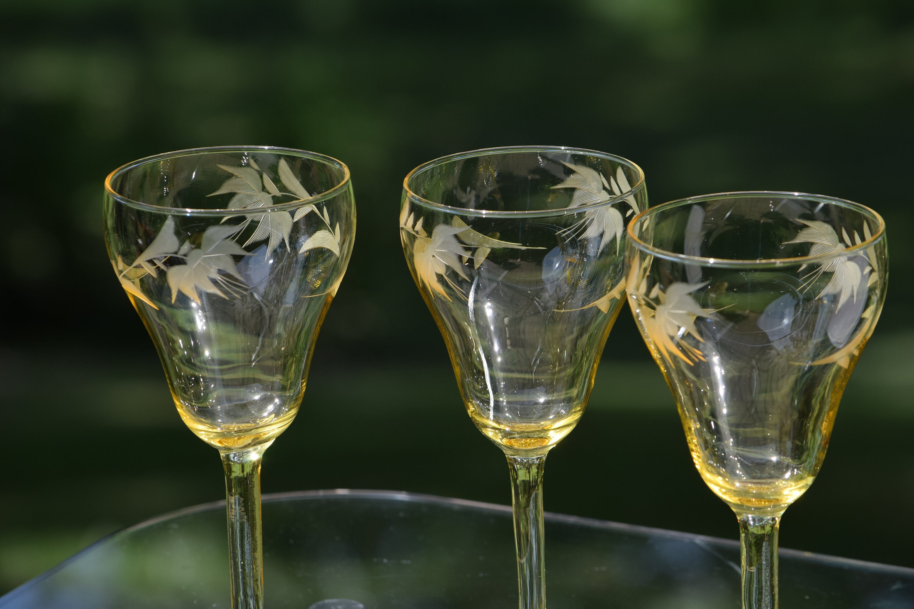 Vintage Etched Yellow Wine Glasses, Set of 4, Elegant Tall Yellow