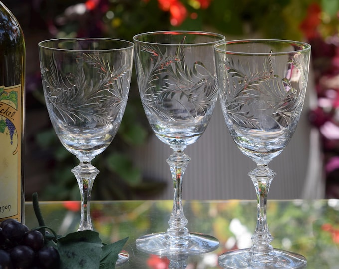 THE LOOK! 6 Vintage Etched CRYSTAL Wine Glasses, Tiffin Franciscan, Kingsley, 1960's, Vintage Crystal Water Goblets, Vintage Wedding Glasses