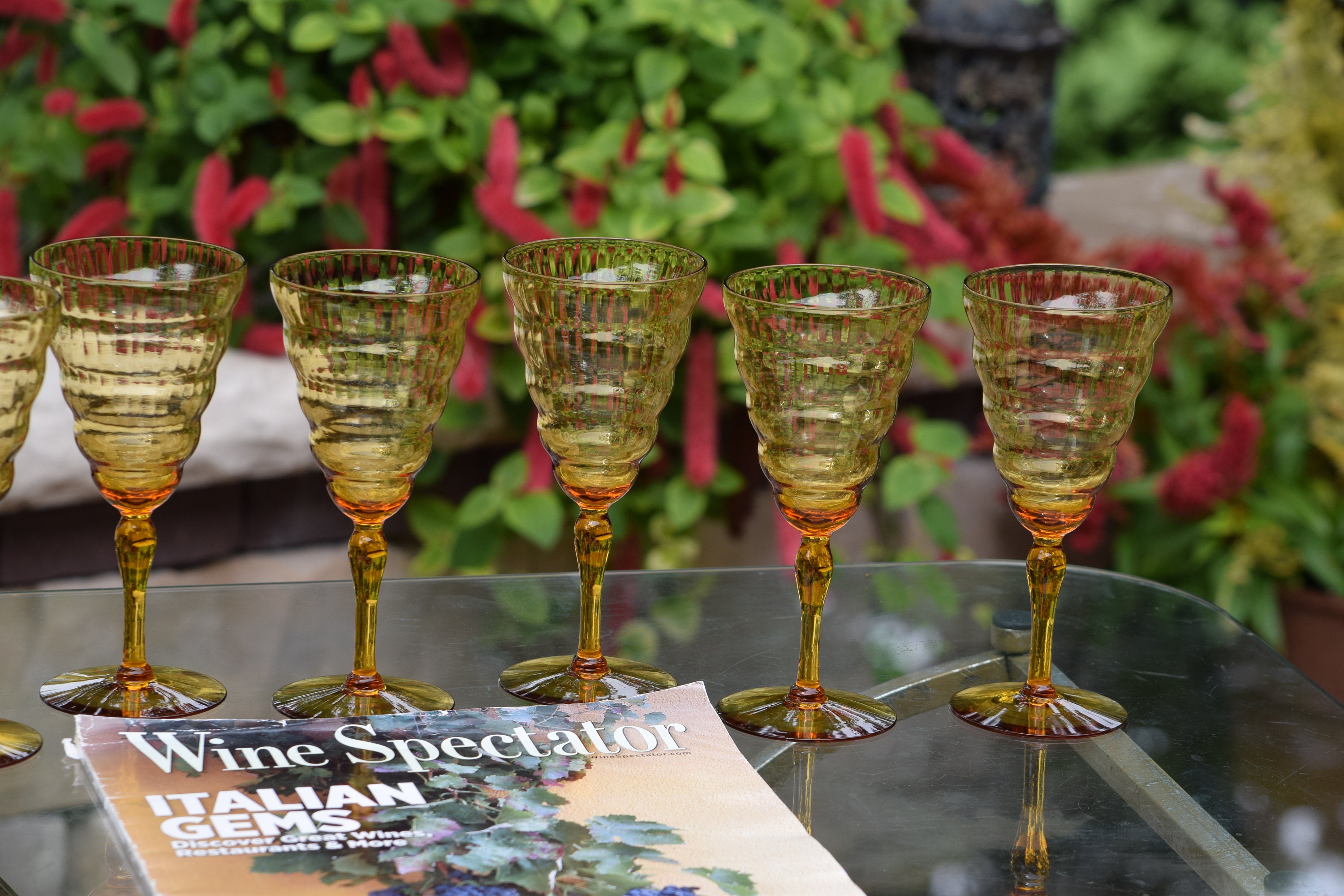 7 Vintage Amber Wine Glasses, Utility Glass Cambridge Amber c 1929