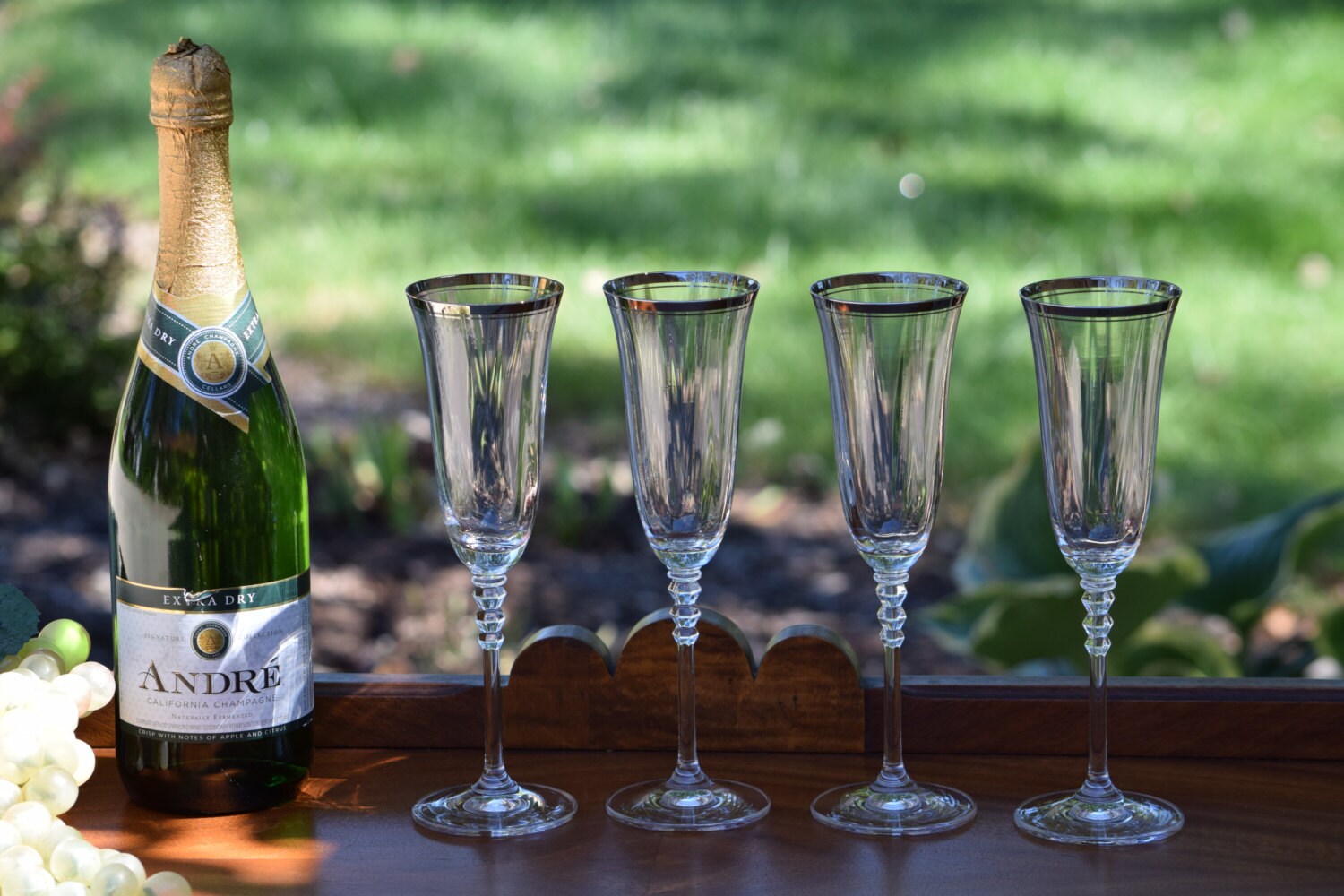 Vintage Champagne Flutes, Optic CRYSTAL Platinum Band, Set of 4