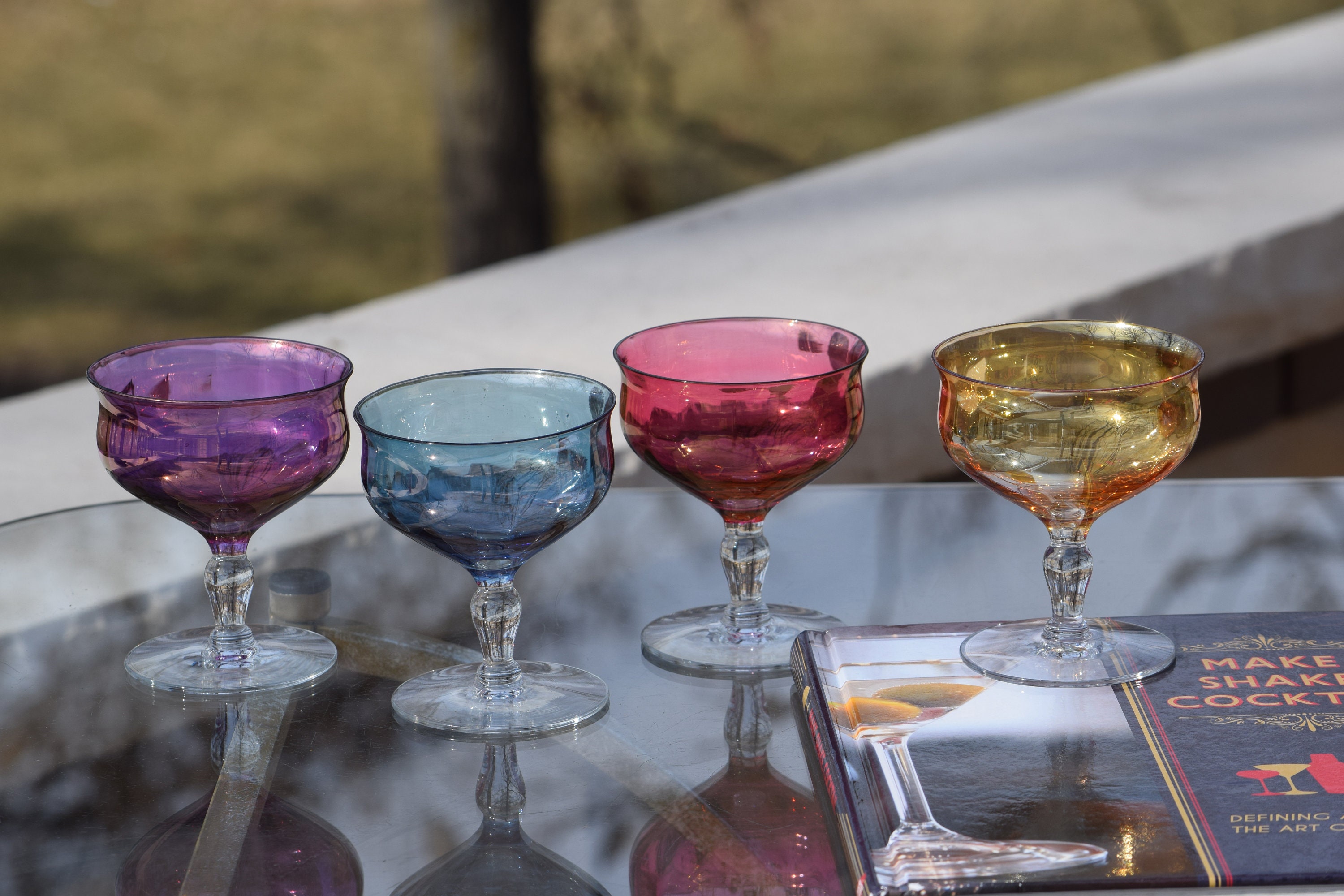 4 Vintage Multi- Colored ~~ Mis-Matched Cocktail glasses, Set of 4, Nick  and Nora Coupes, Champagne Glasses, Craft Cocktail Glasses