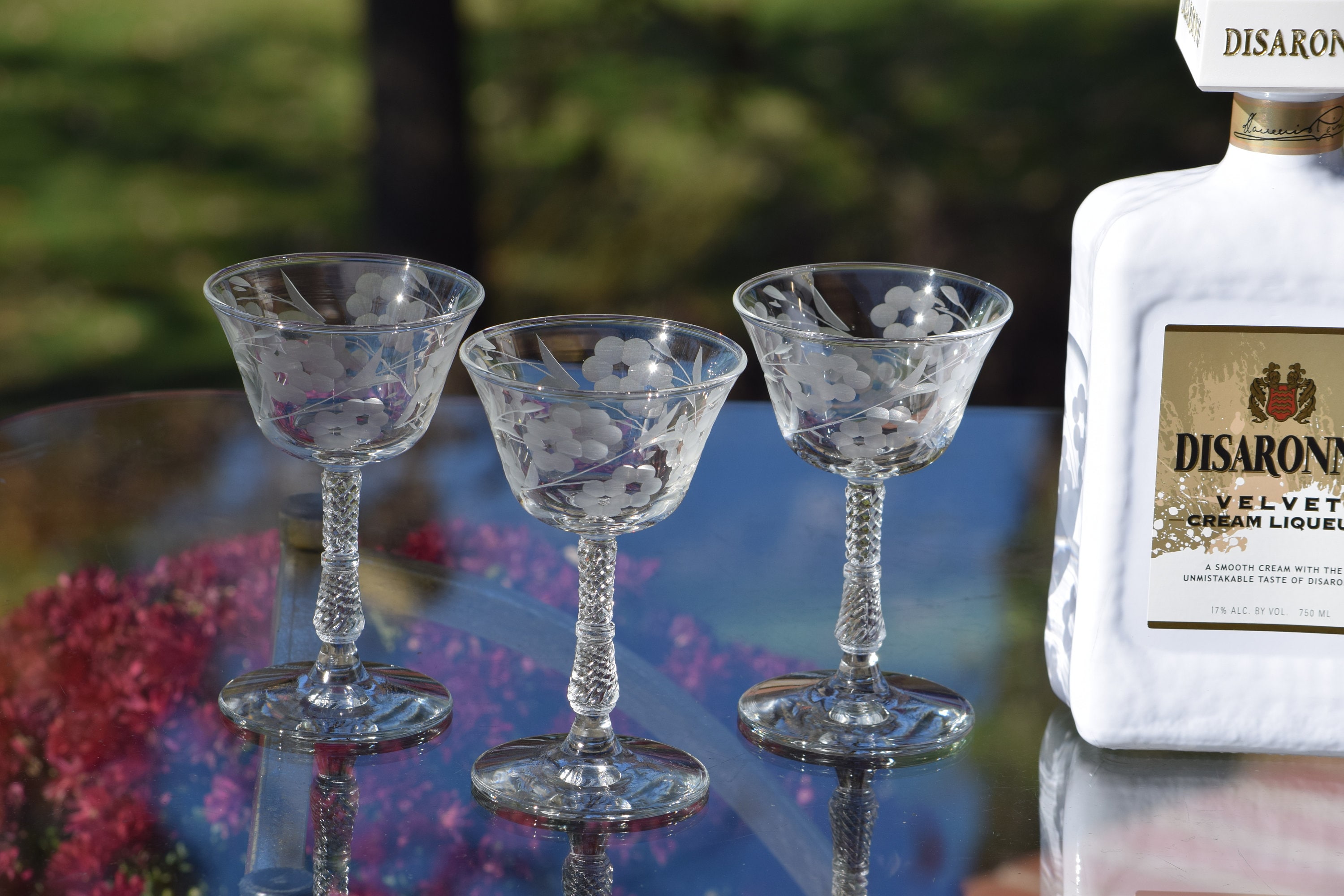 6 Vintage Etched Red Cocktail Glasses, 1950's, Vintage 4 oz Small