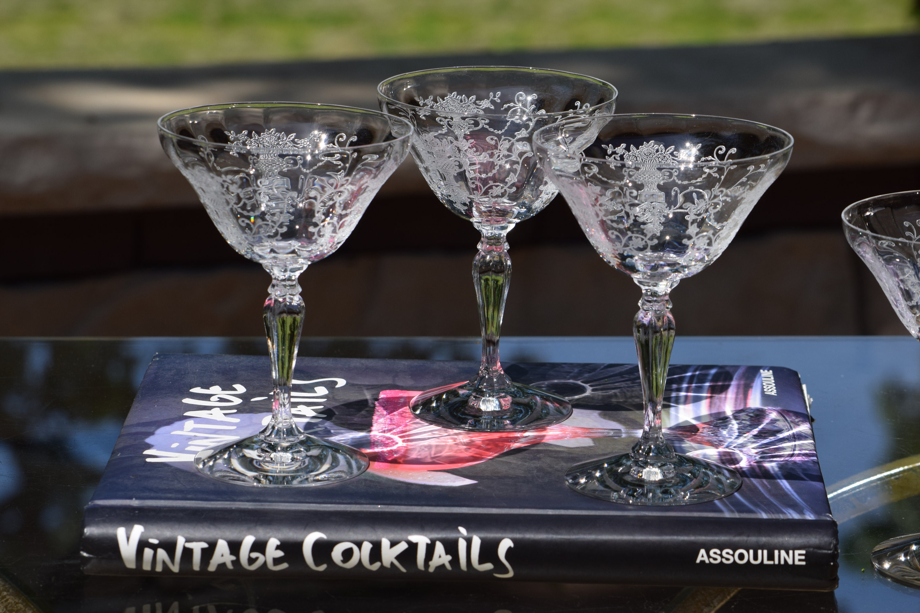 4 Vintage Etched CRYSTAL Cocktail Martini glasses, Fostoria