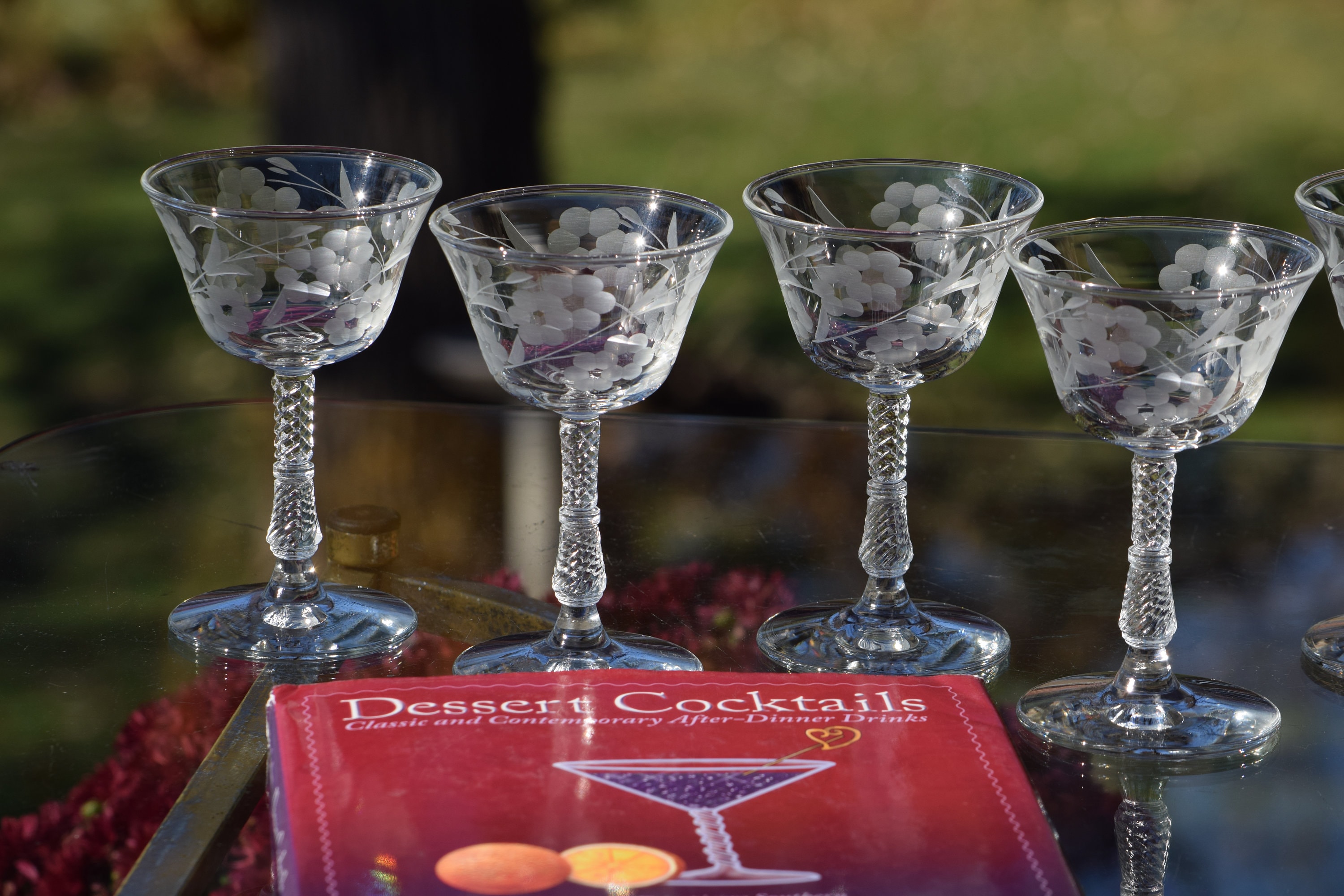 6 Vintage Etched Red Cocktail Glasses, 1950's, Vintage 4 oz Small