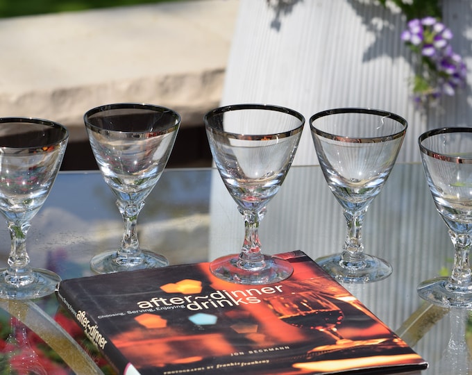 LITTLE SIPS! 6 Vintage Platinum ~ Chrome Rim Crystal Port Wine Glasses ~ Fostoria,  1950  3.5 oz Dessert ~ After Dinner Liqueur Wine Glasses