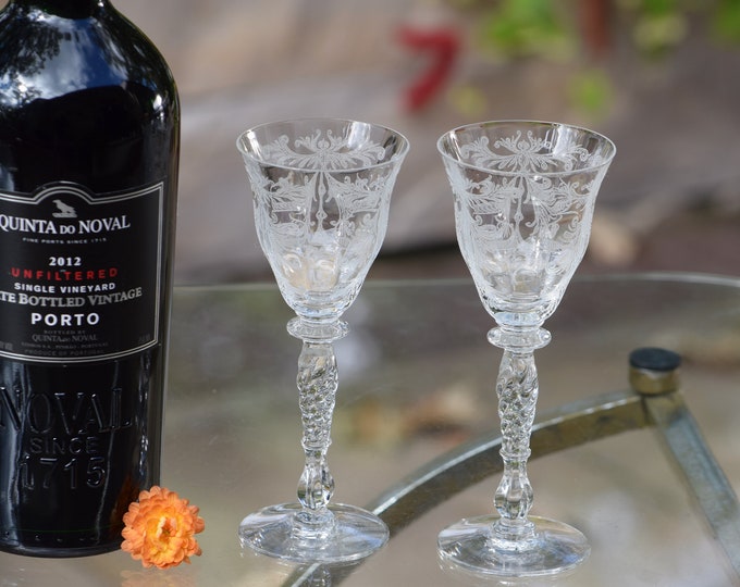 4 Vintage Etched Port Wine Glasses, Tiffin Franciscan Byzantine, 4oz