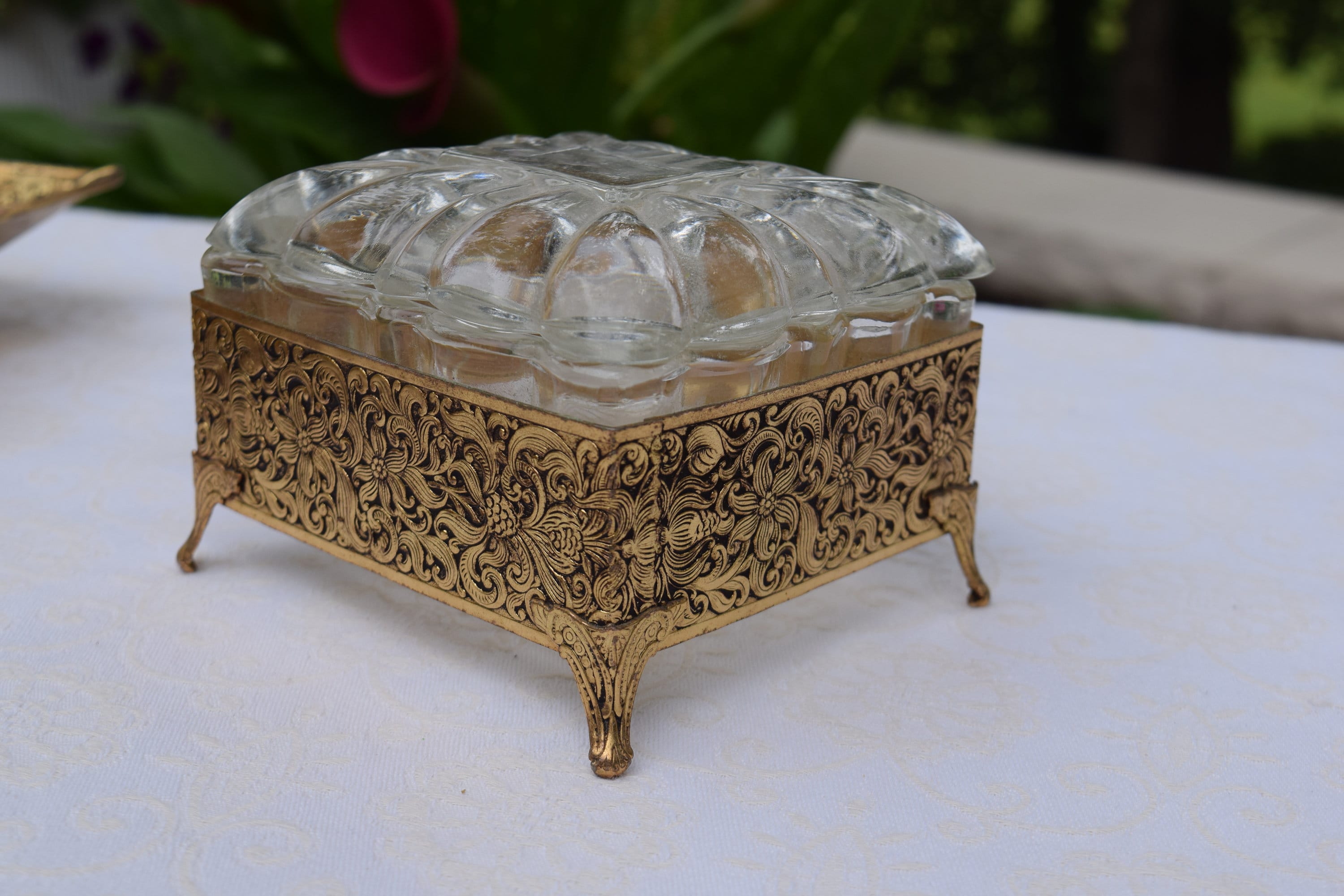 Vintage Gold ~ Brass Glass Jewelry Box, 1950's Brass Floral Jewelry Box  with Glass Top and Glass Interior, Vintage Jewelry storage