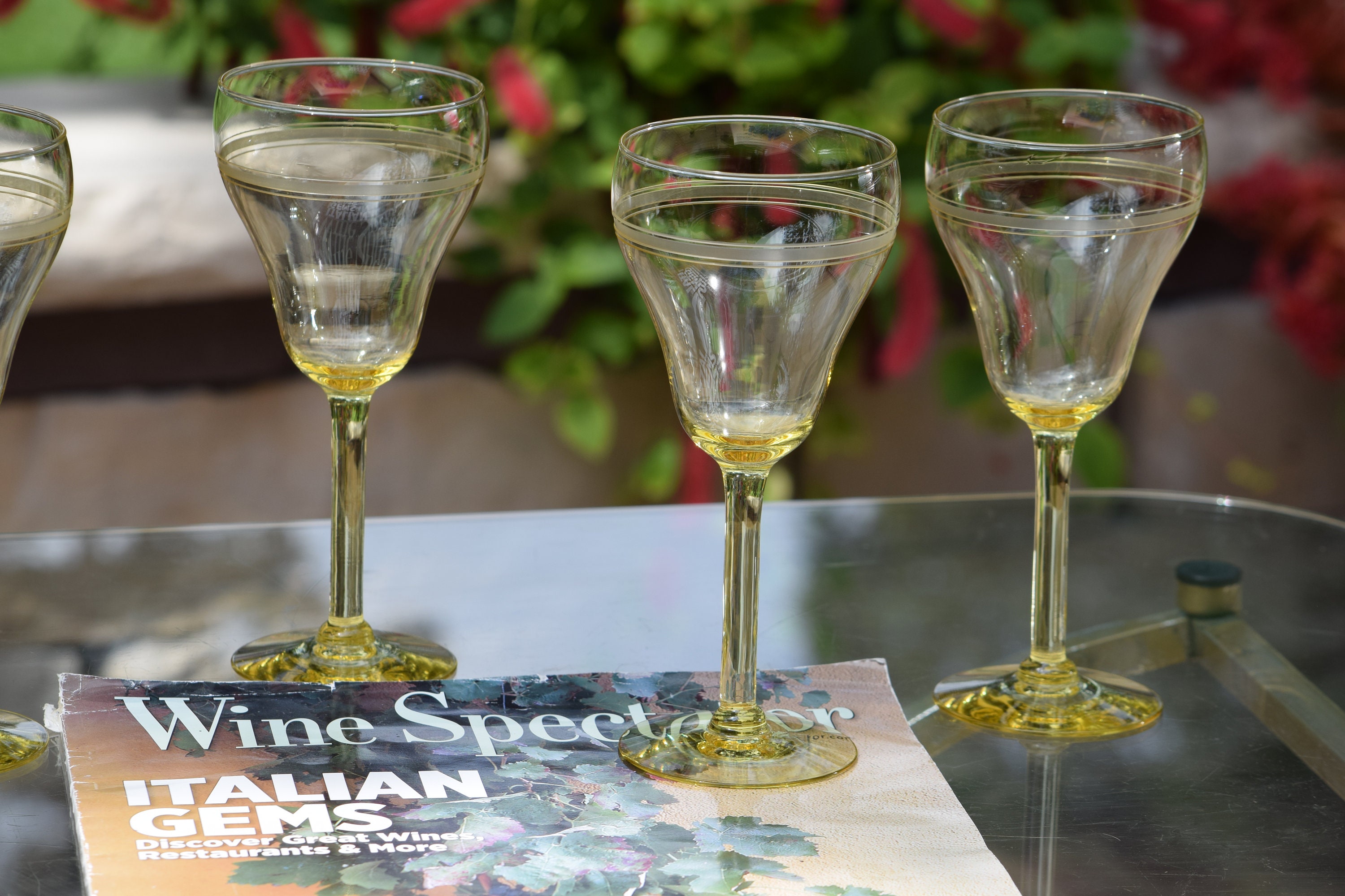 4 Vintage Etched Yellow Wine Glasses, 1940's, Elegant Tall Yellow