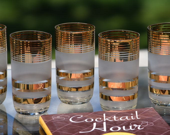6 Vintage Gold Striped ~ Satin Highball Cocktail Glasses, 1950's, Gold Striped Whiskey, Scotch, Bourbon Glasses, Mixologist Craft Cocktail
