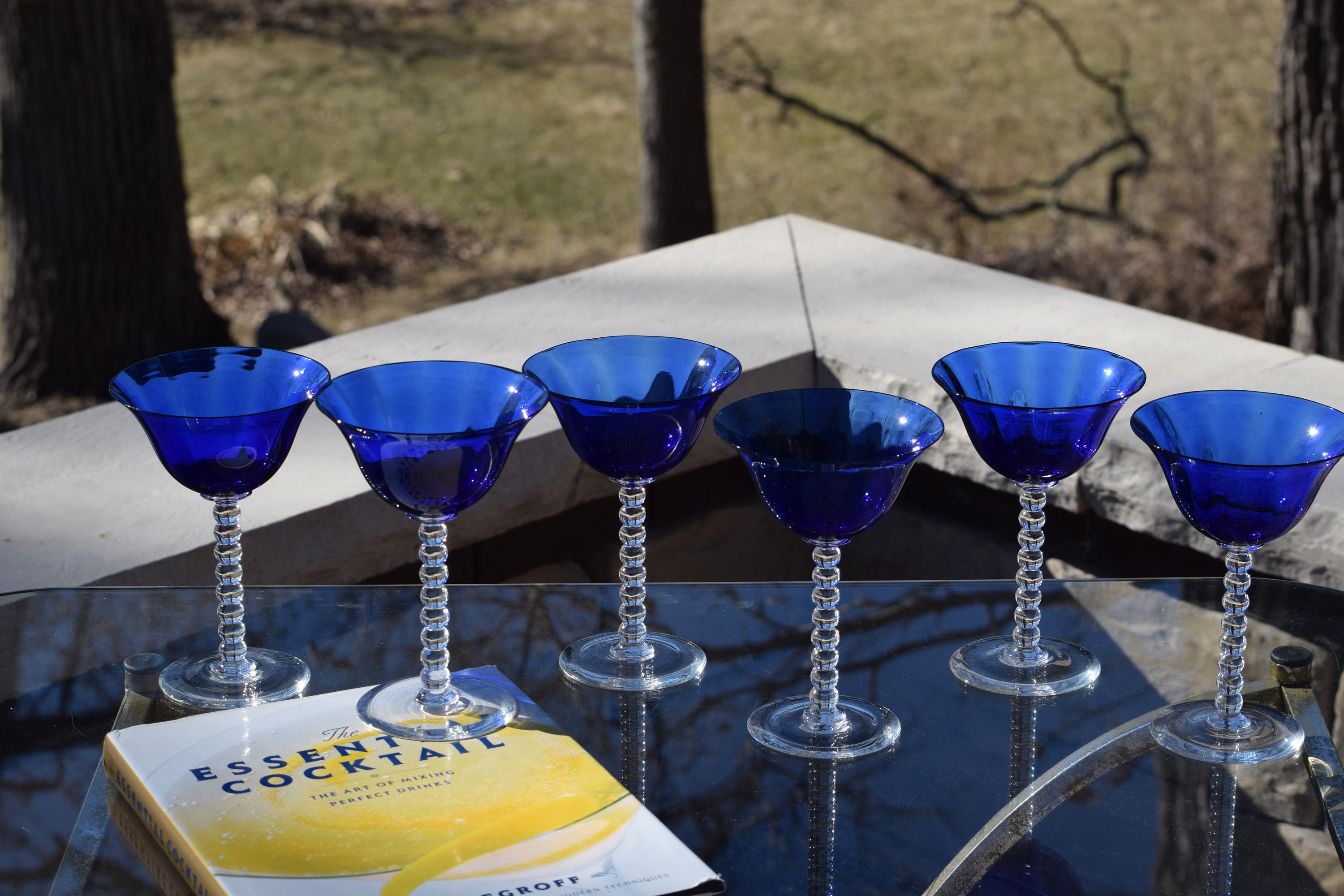 Vintage blue stem martini glasses / set of four 4/ cobalt blue barware /  cocktail glasses / 90s