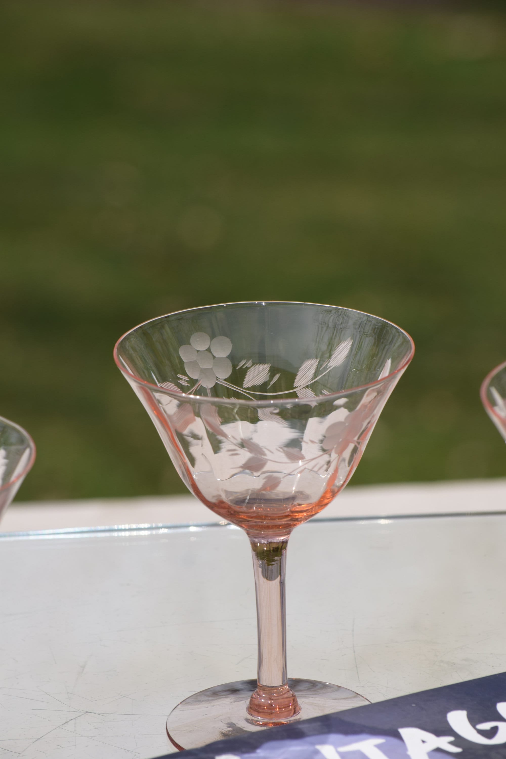 4 Vintage Pink Etched Cocktail Martini Glasses, Mixologist Cocktail