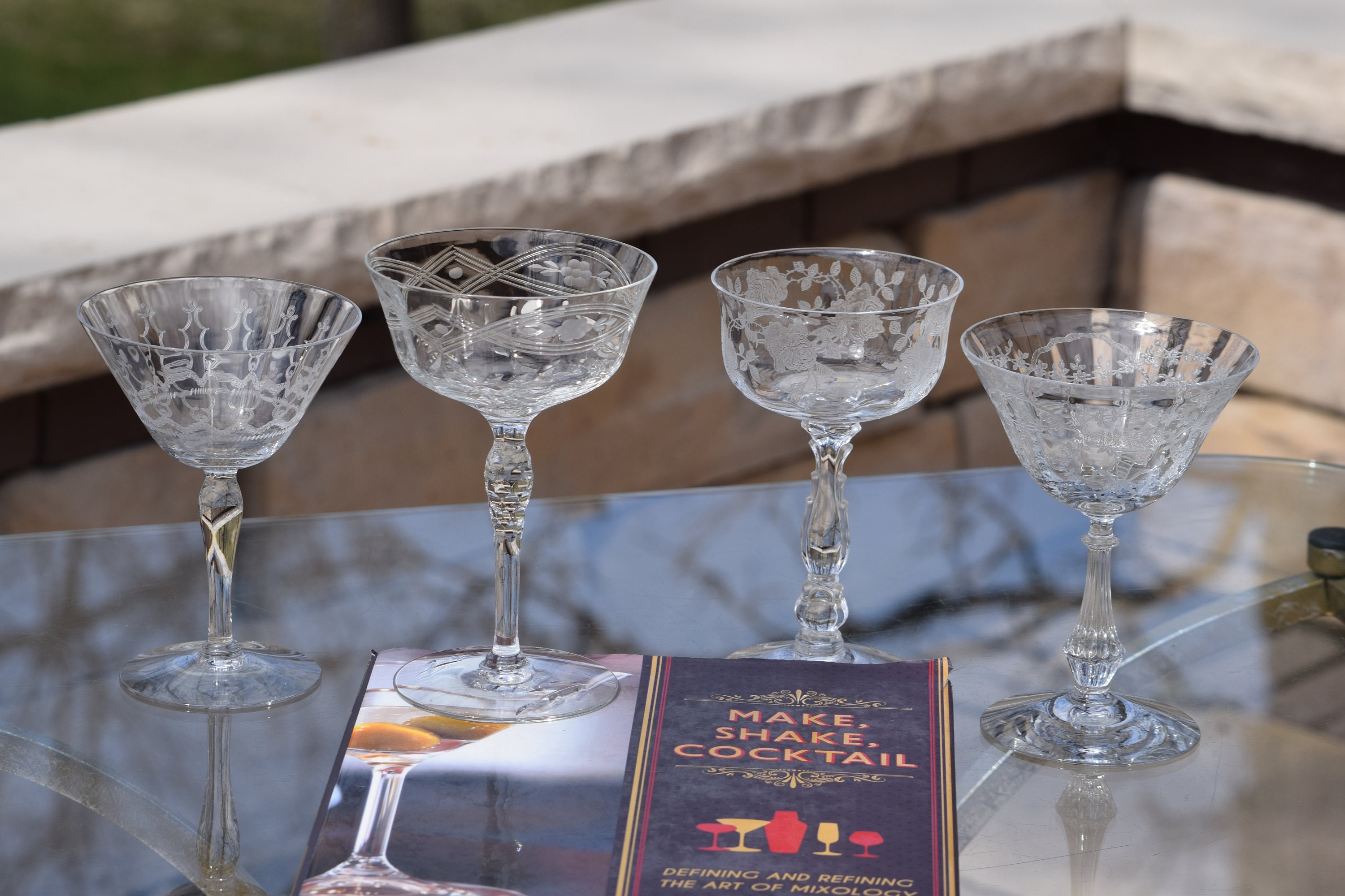 4 Vintage Etched Cocktail Martini Glasses, Set of 4 MisMatched Mixed