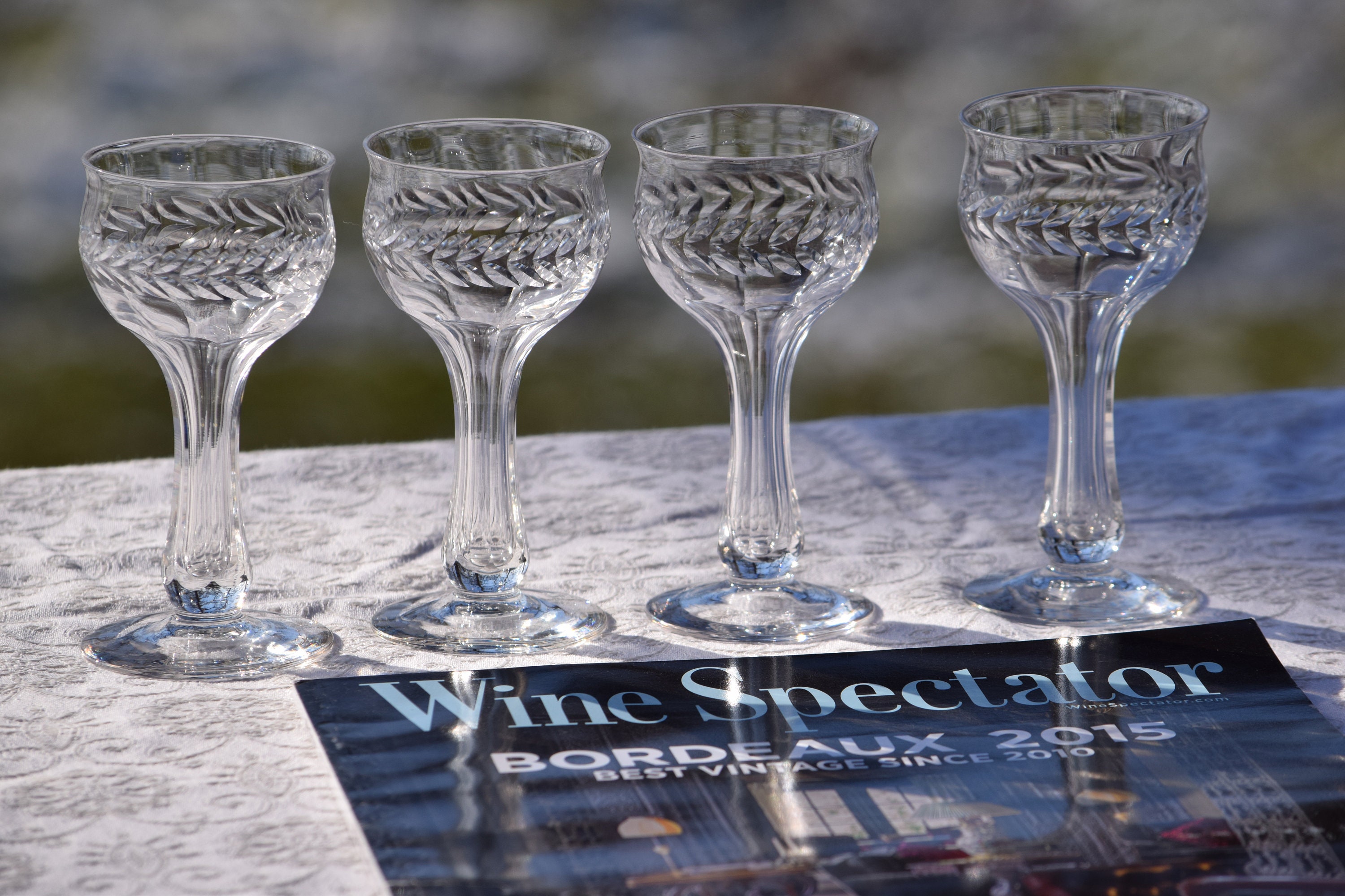 Vintage Etched Hollow Stem Wine Glasses, Set of 4, After Dinner Drinks