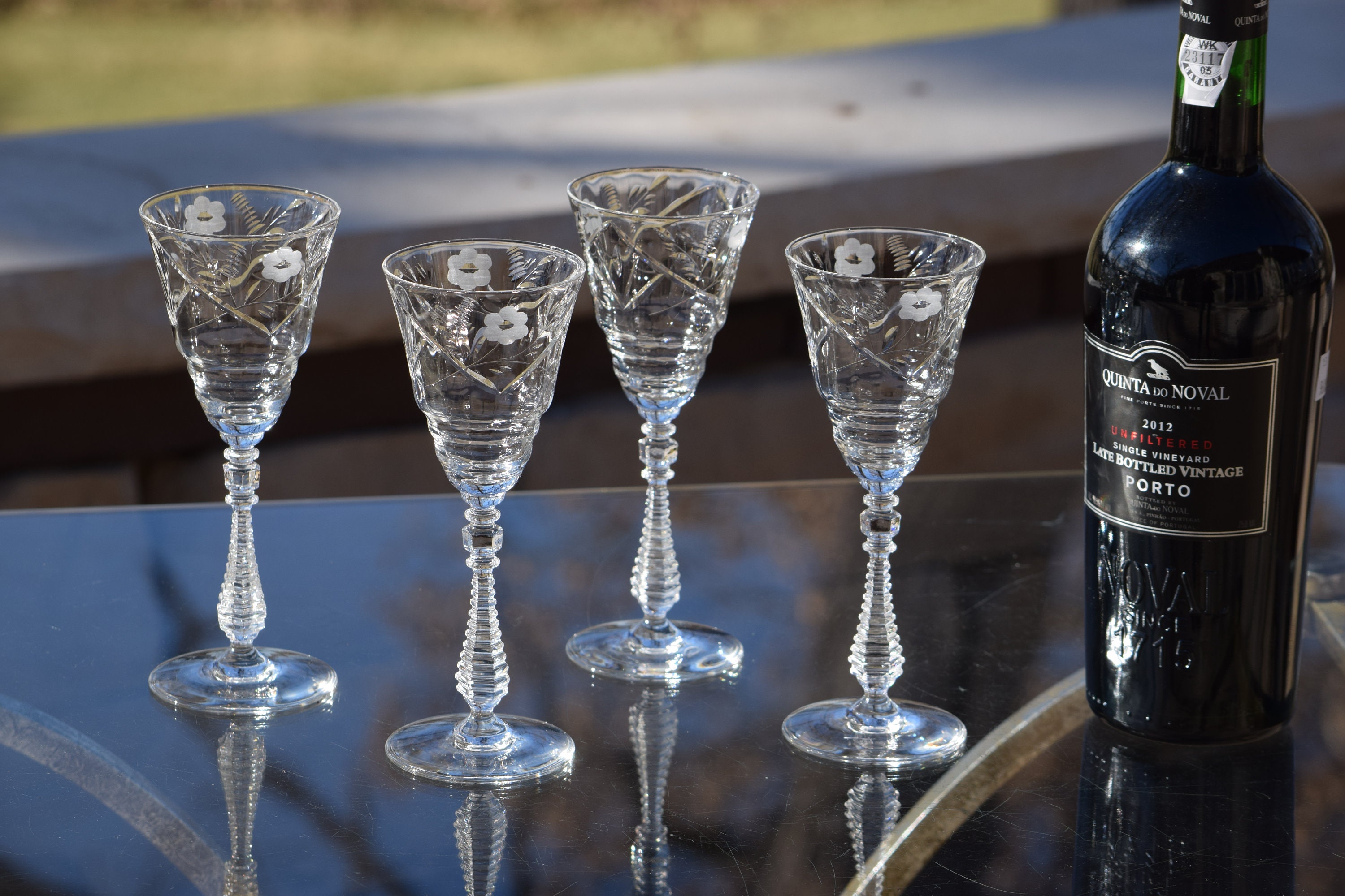 6 Vintage Etched Red Cocktail Glasses, 1950's, Vintage 4 oz Small