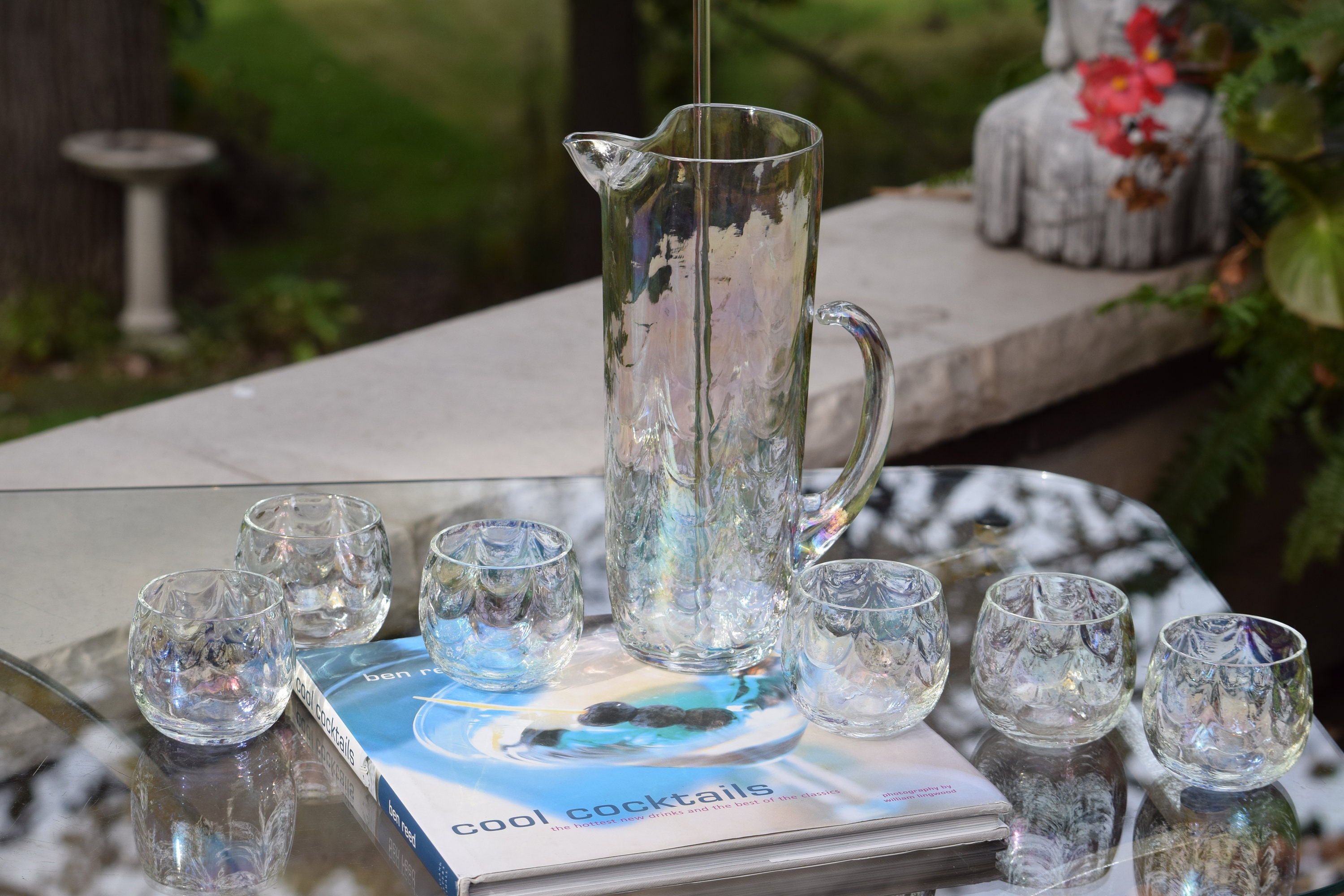 West Virginia Glass Draping Rainbow Iridescent Cocktail Pitcher Set