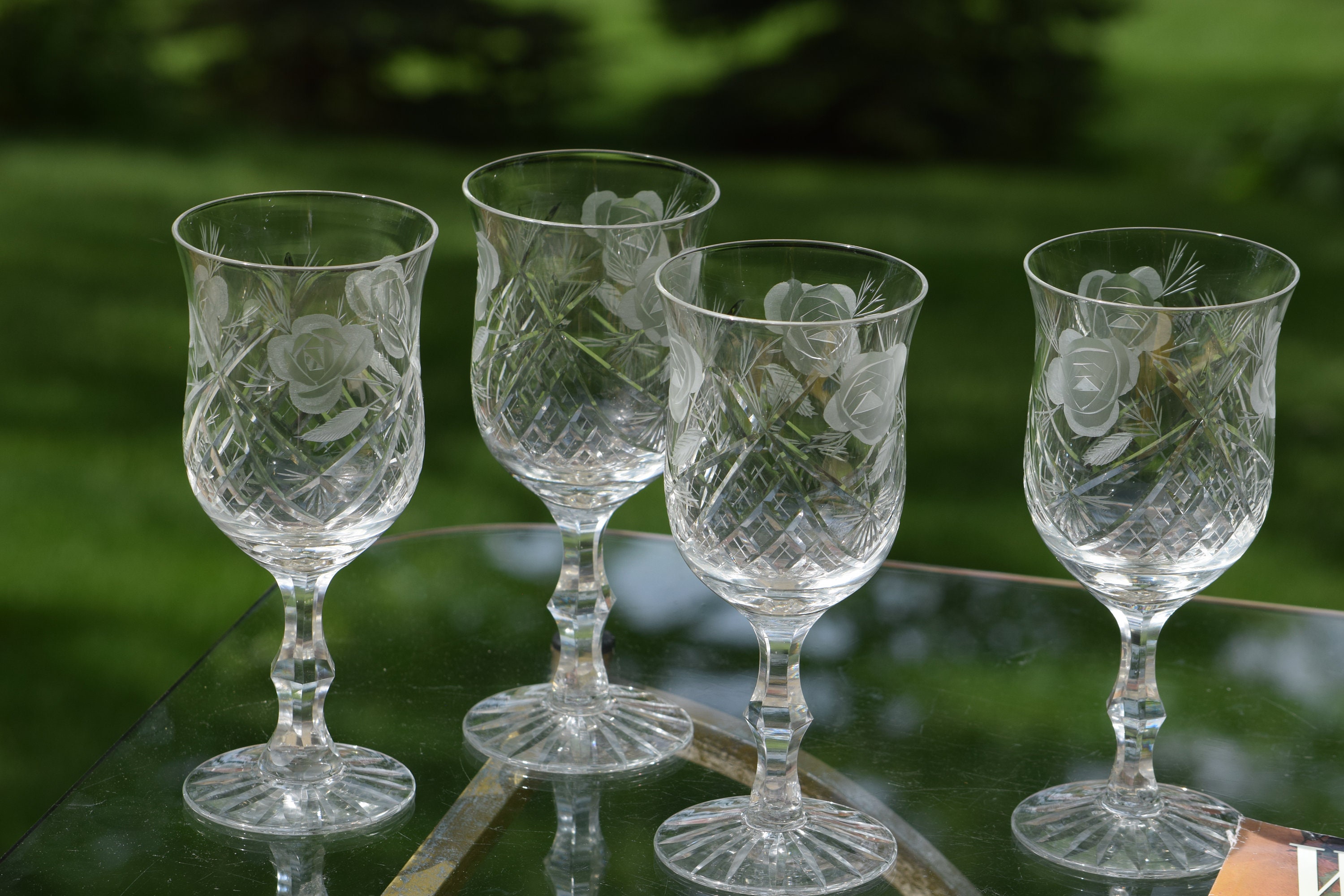 Vintage Newton Crystal Co.Cut Crystal Wine/Water Glasses Set/4 /hg