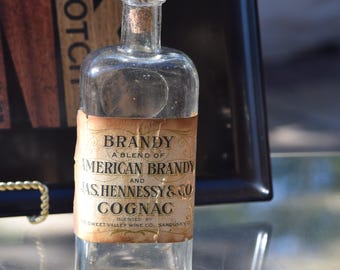 Antique JAS HENNESSY & Co. Cognac Brandy Liquor Bottle, Early 20th Century,  Sweet Valley Wine Co, Sandusky, Ohio