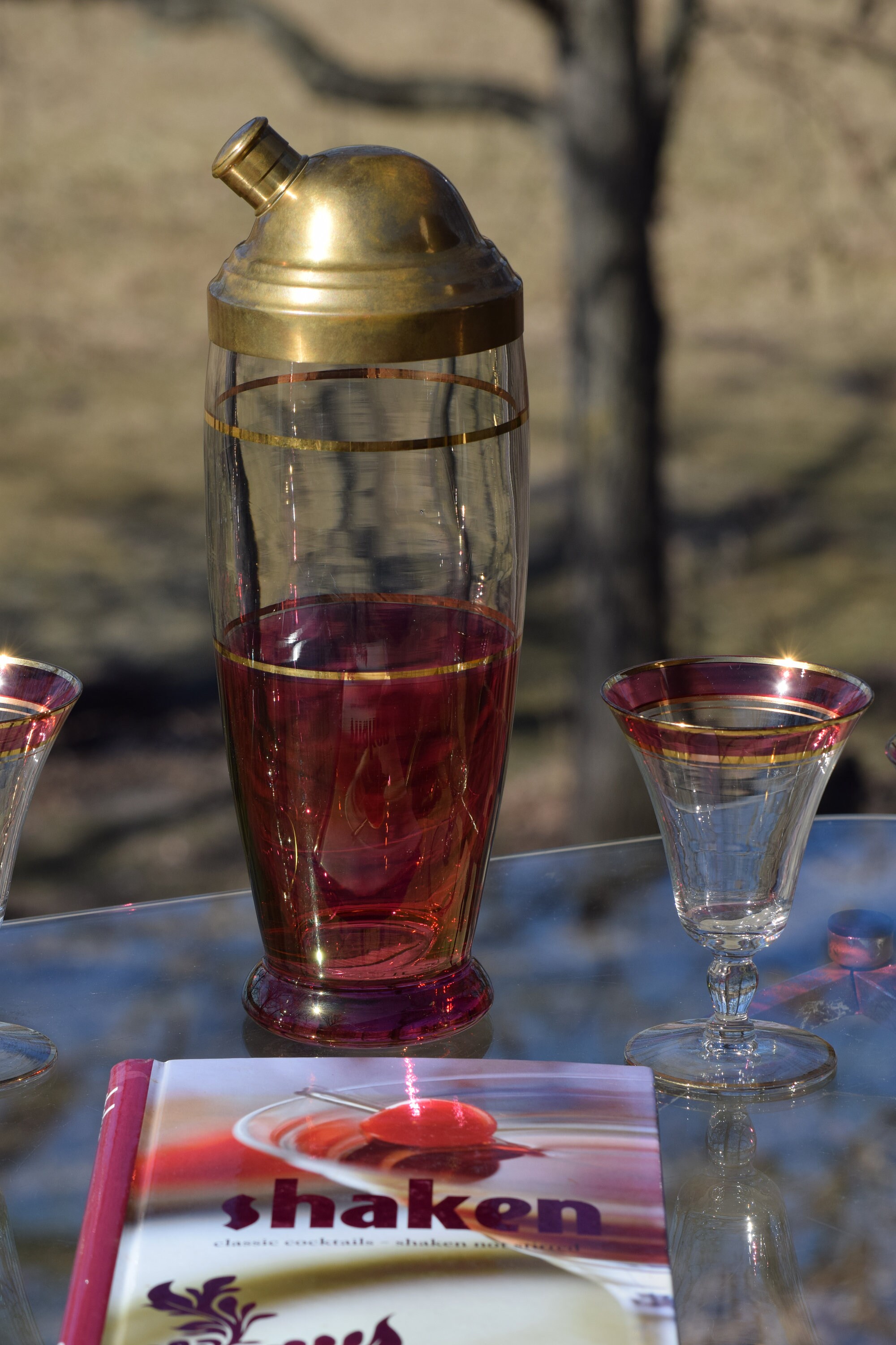 Vintage Mid Century Pink & Gold Martini Cocktail Shaker with Matching