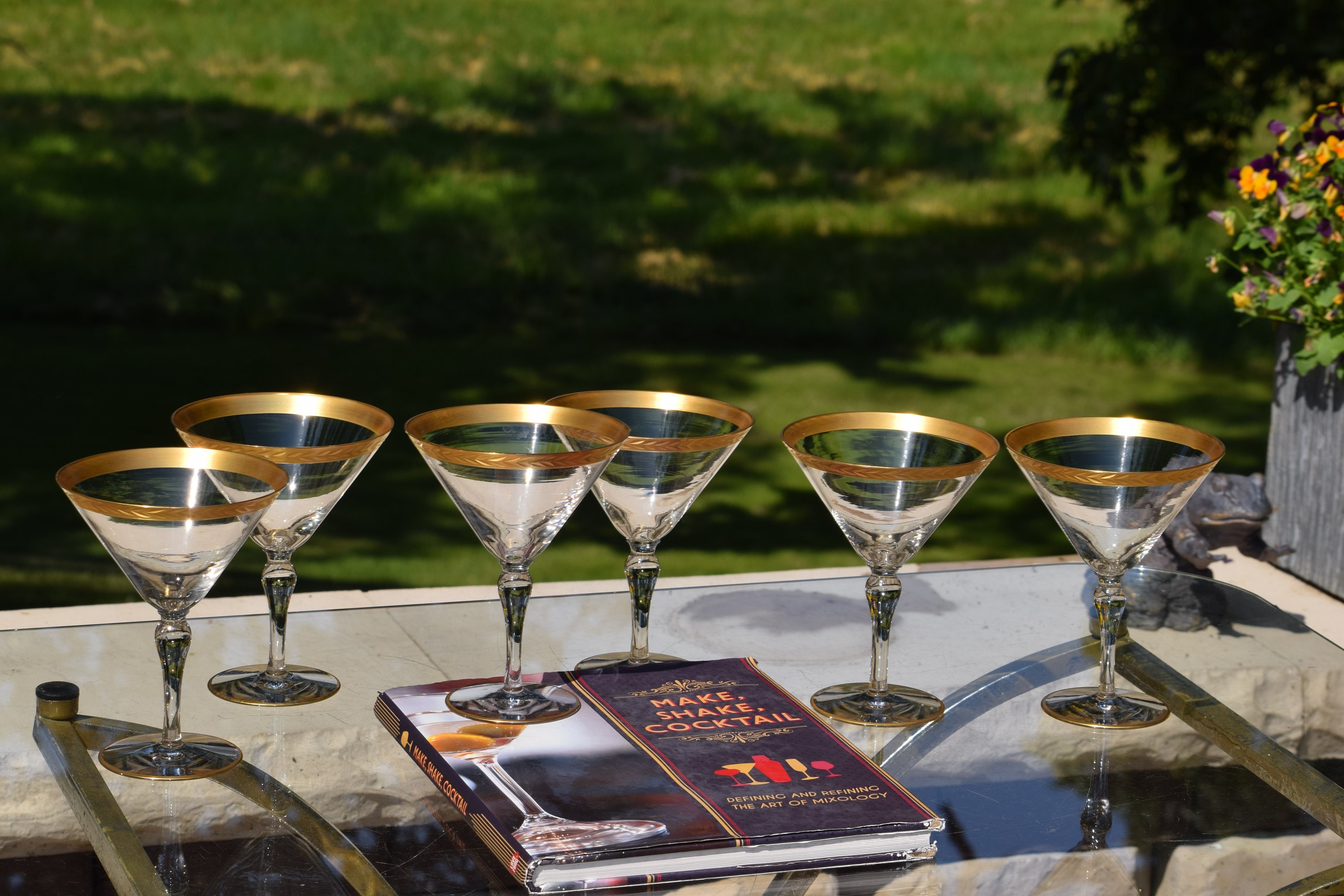 Mid Century Modern Gold Rimmed Cocktail Glasses Set of 5