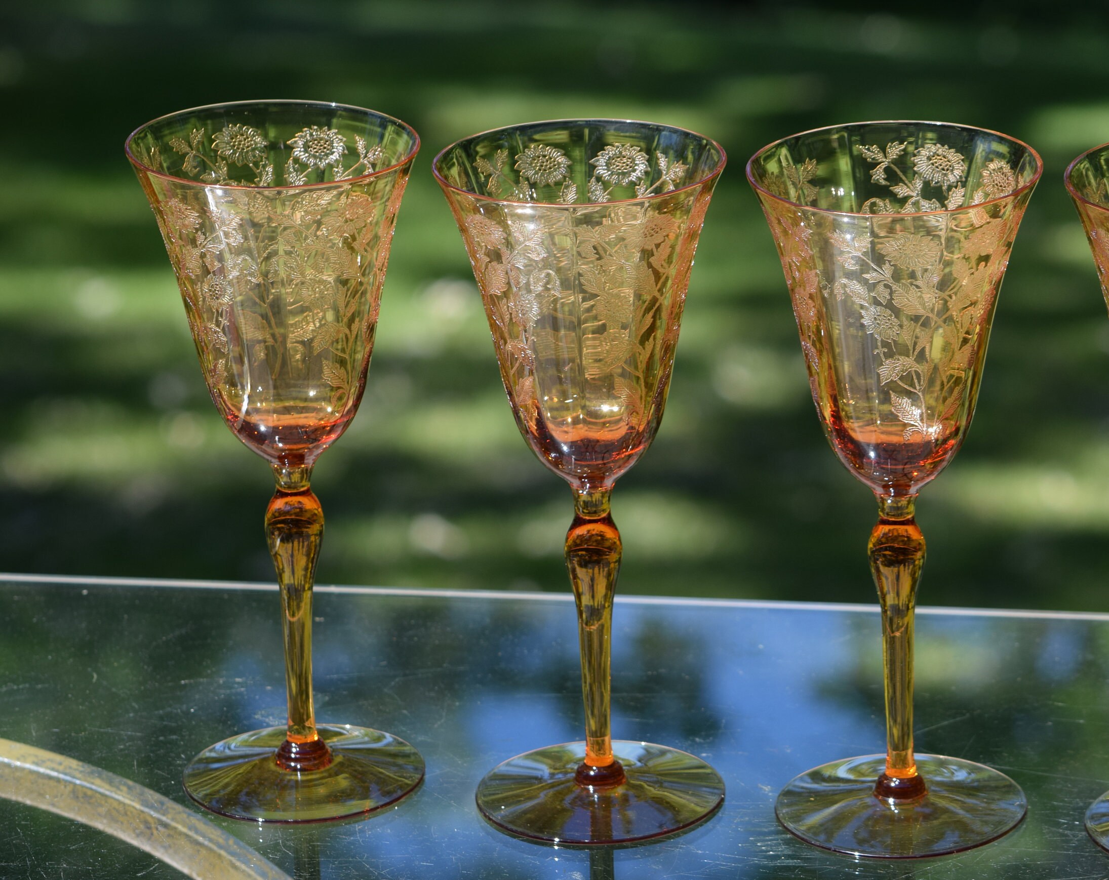Vintage Etched Amber Optic Wine Glasses, Set of 4, Tiffin