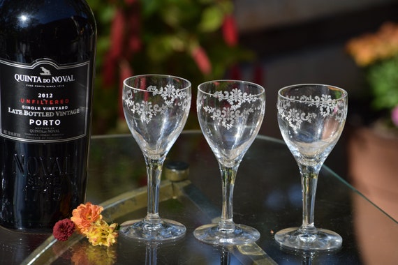 5 Vintage Etched Port Wine Glasses - Cordials ~ Fostoria, 1910's, 3 oz  After Dinner Drink Glasses, Port Wine ~ Dessert Wine Glasses