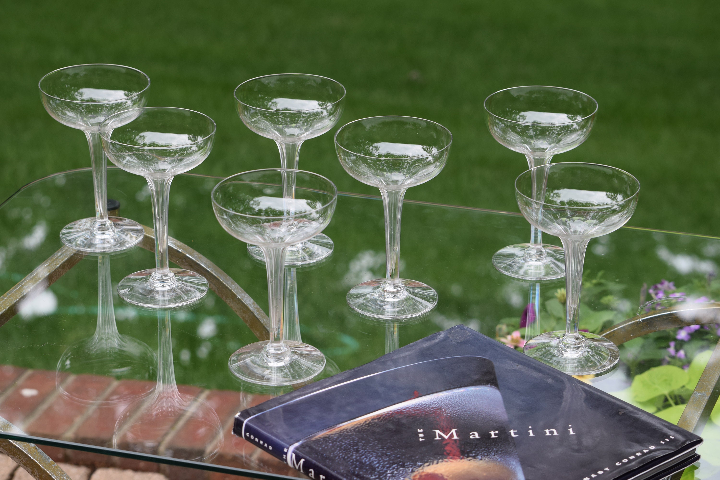 Vintage CRYSTAL Hollow Stem Champagne Coupes, Set of 7, Central Glass