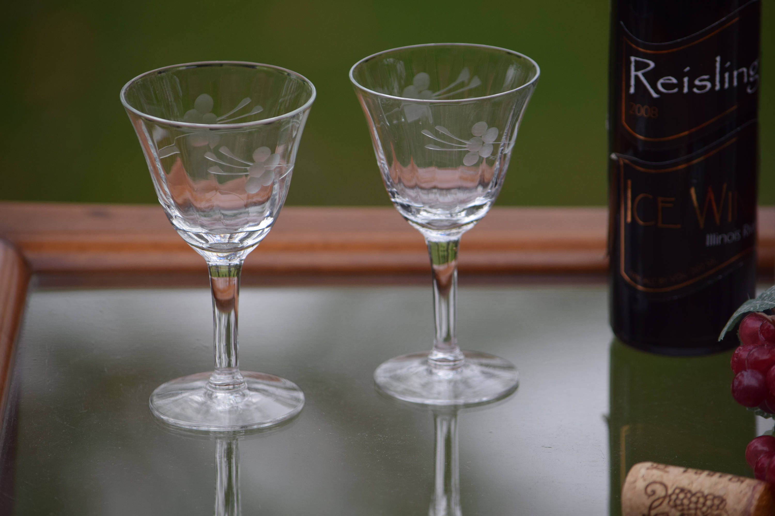 Vintage Small Etched Wine Glasses, Set of 5, Floral Etched Small