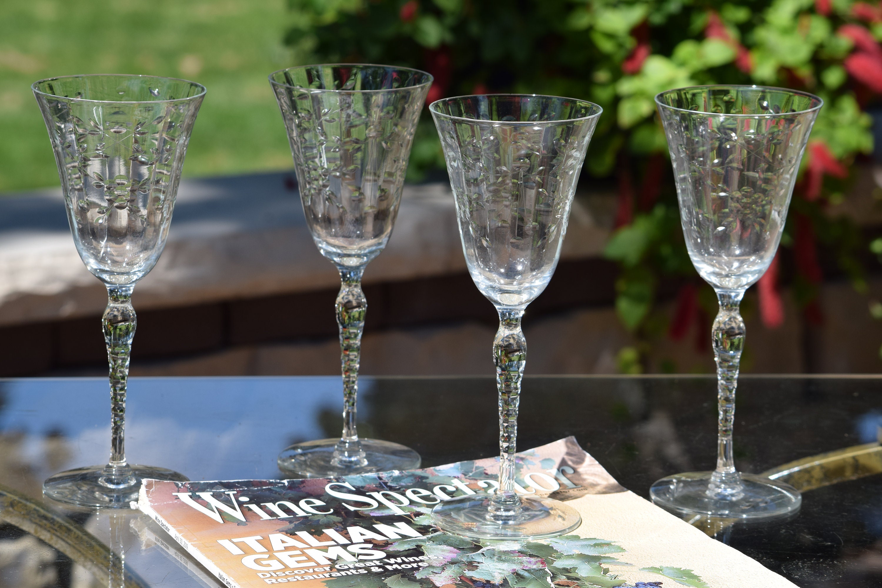 Five Faceted Crystal Wine Glasses Set, Vintage Stemware and Home