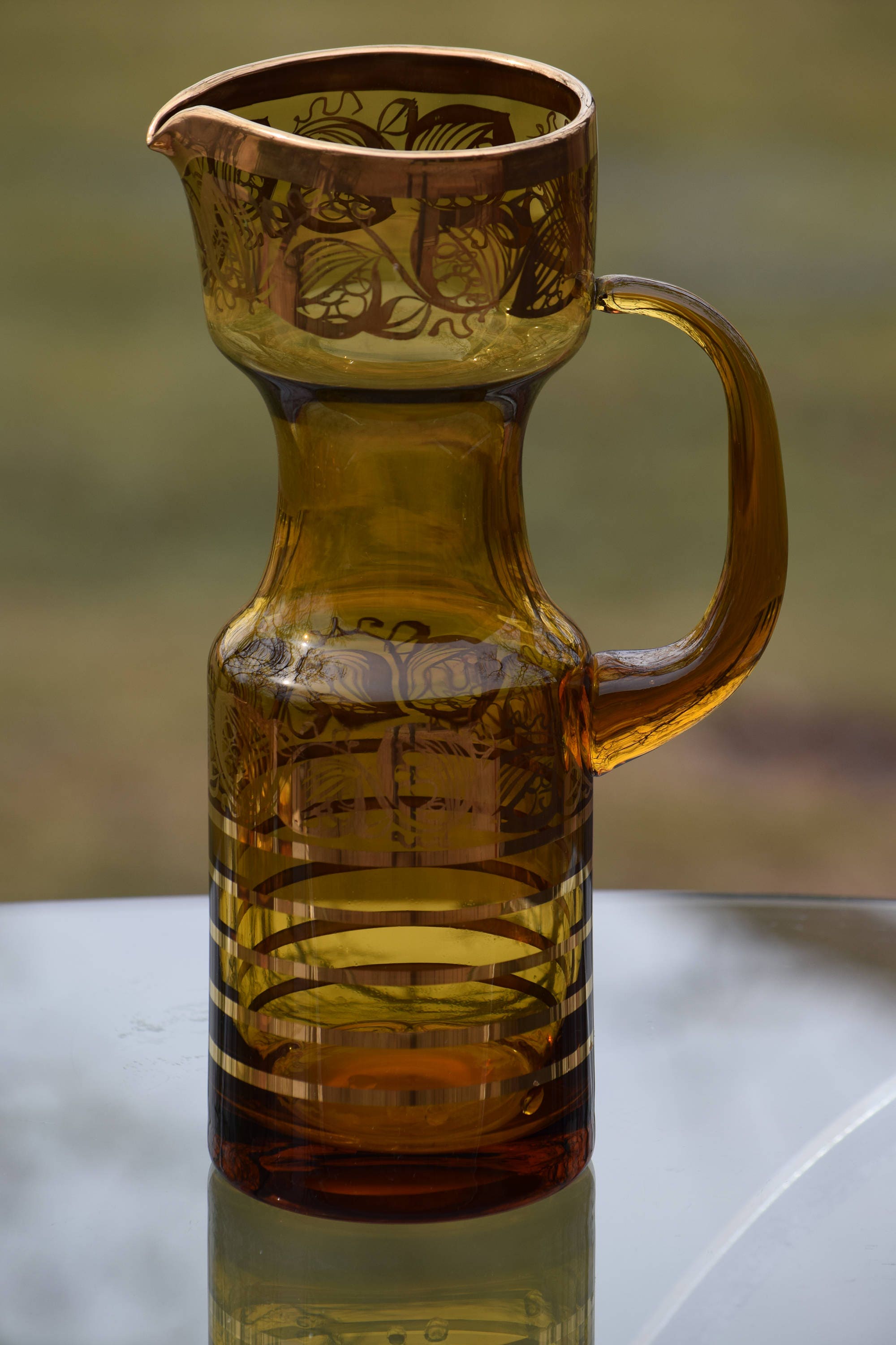 Vintage Cocktail Pitcher with glasses, 1950's Amber Glass Polished