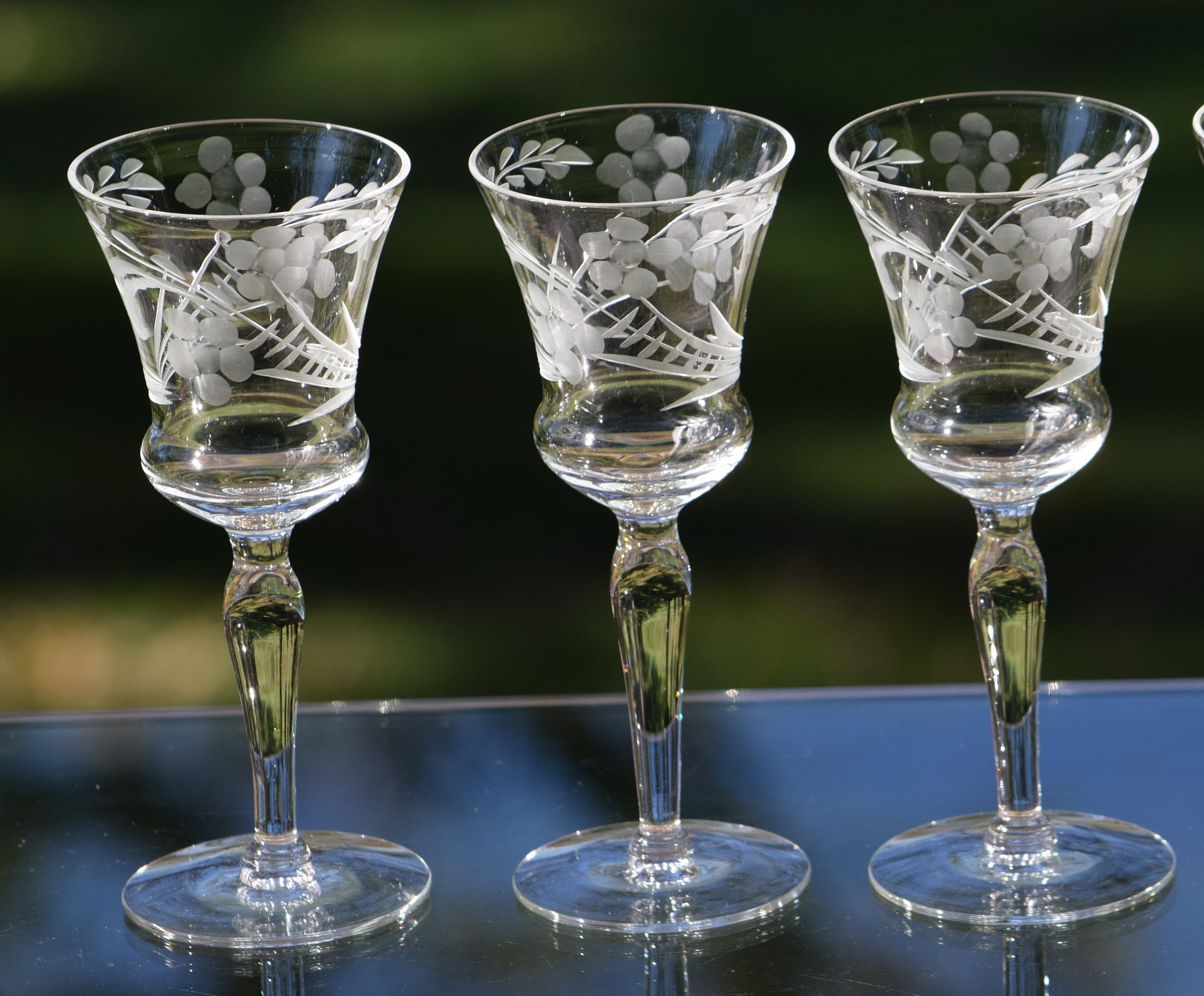 Vintage Etched Wine Cordials, Set of 4, circa 1950, 3 oz, Vintage Port