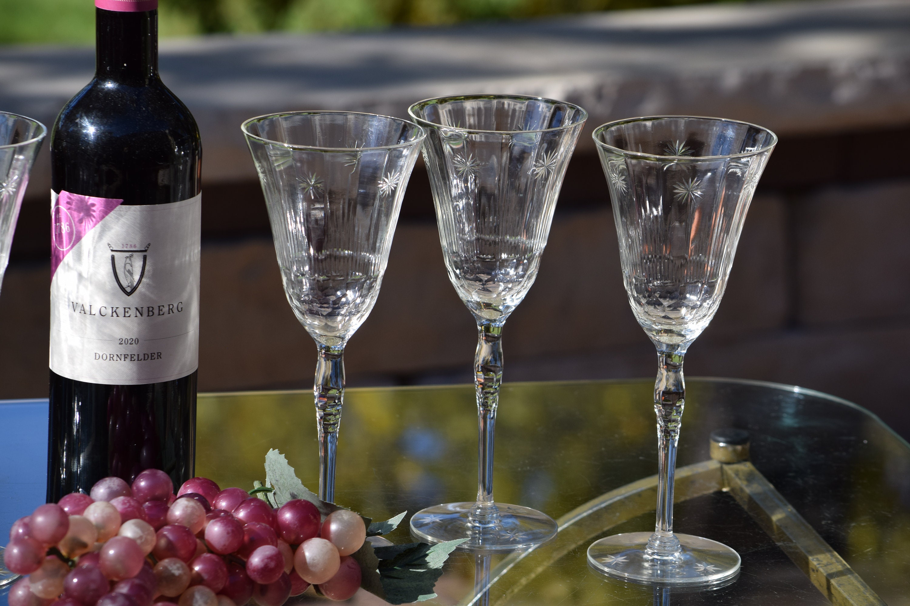 6 Vintage Etched Wine Glasses ~ Water Goblets, 8 oz Wine glasses