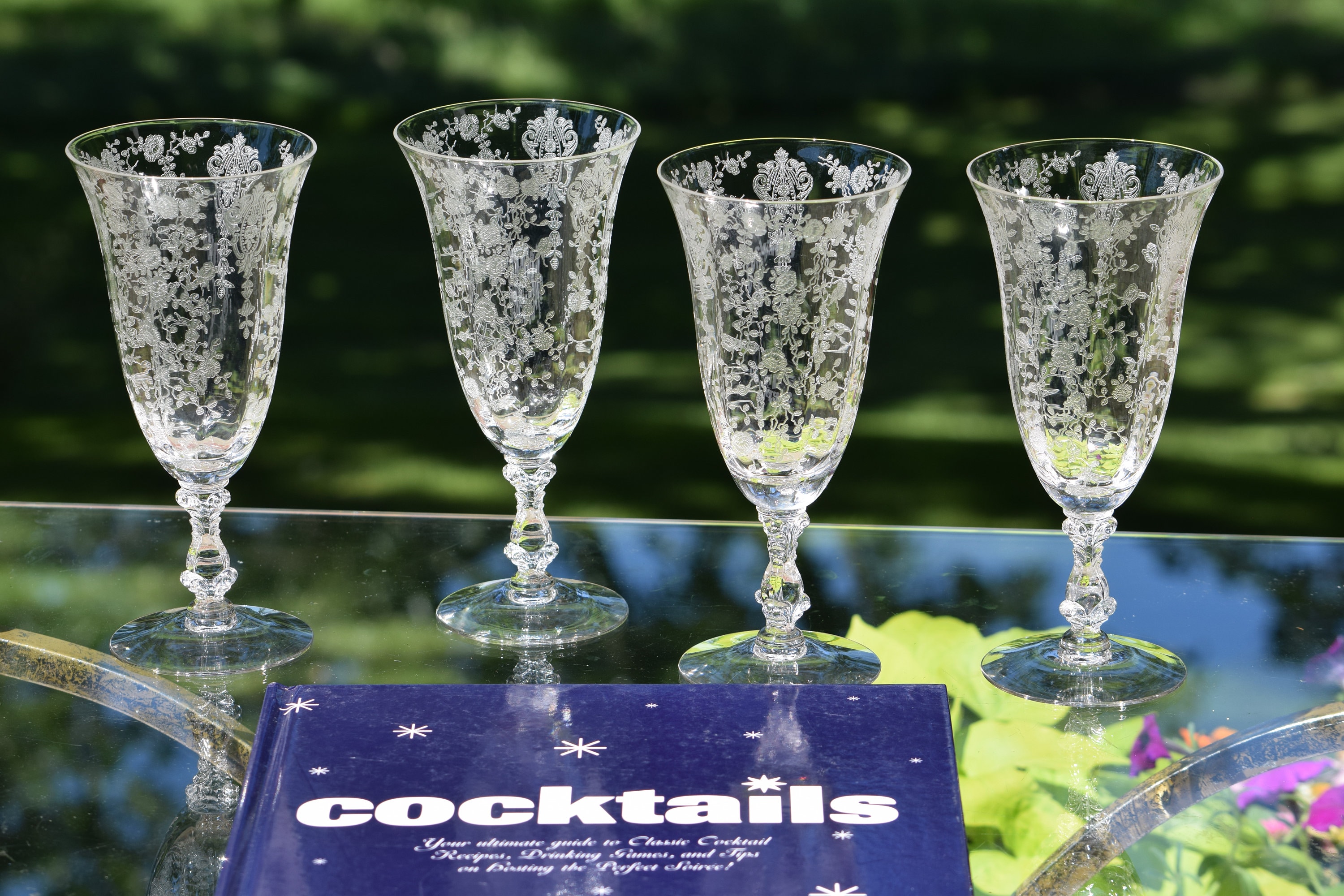 Vintage Needle Etched Optic Crystal Cocktail Ice Tea Glasses, Set