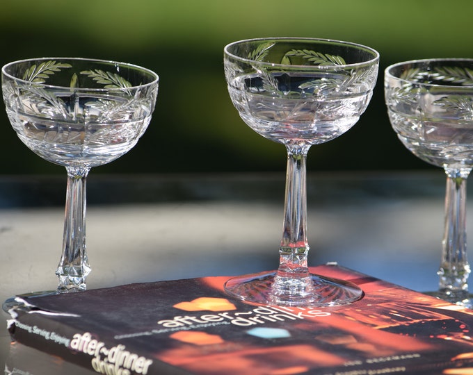 4 Vintage Etched CRYSTAL Liqueur ~ Cocktail glasses, Tiffin Franciscan, Chatham, 1950's, 4 oz After Dinner Drink Wine, Liqueur Glasses