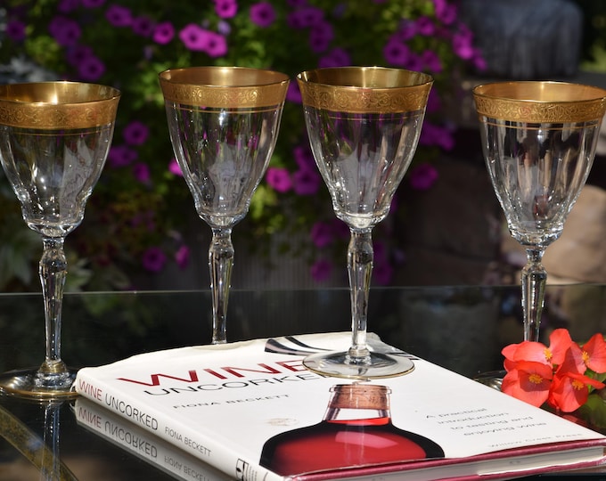 SIP IN STYLE!  4 Vintage Gold Rimmed Encrusted Wine Glasses, Tiffin Franciscan, c. 1940's, Vintage Gold Encrusted Gold Wedding Glass