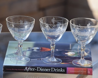 Vintage Etched Liqueur Glasses: 1950s After Dinner Cordials, Set of 4