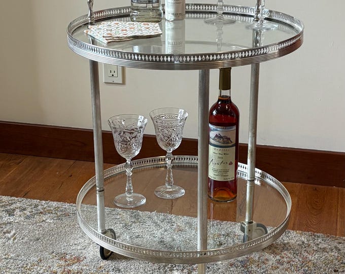Vintage Silver - Brass Bar Cart,  1950's, Maison Jansen Style Petit Cart, Art Deco Era