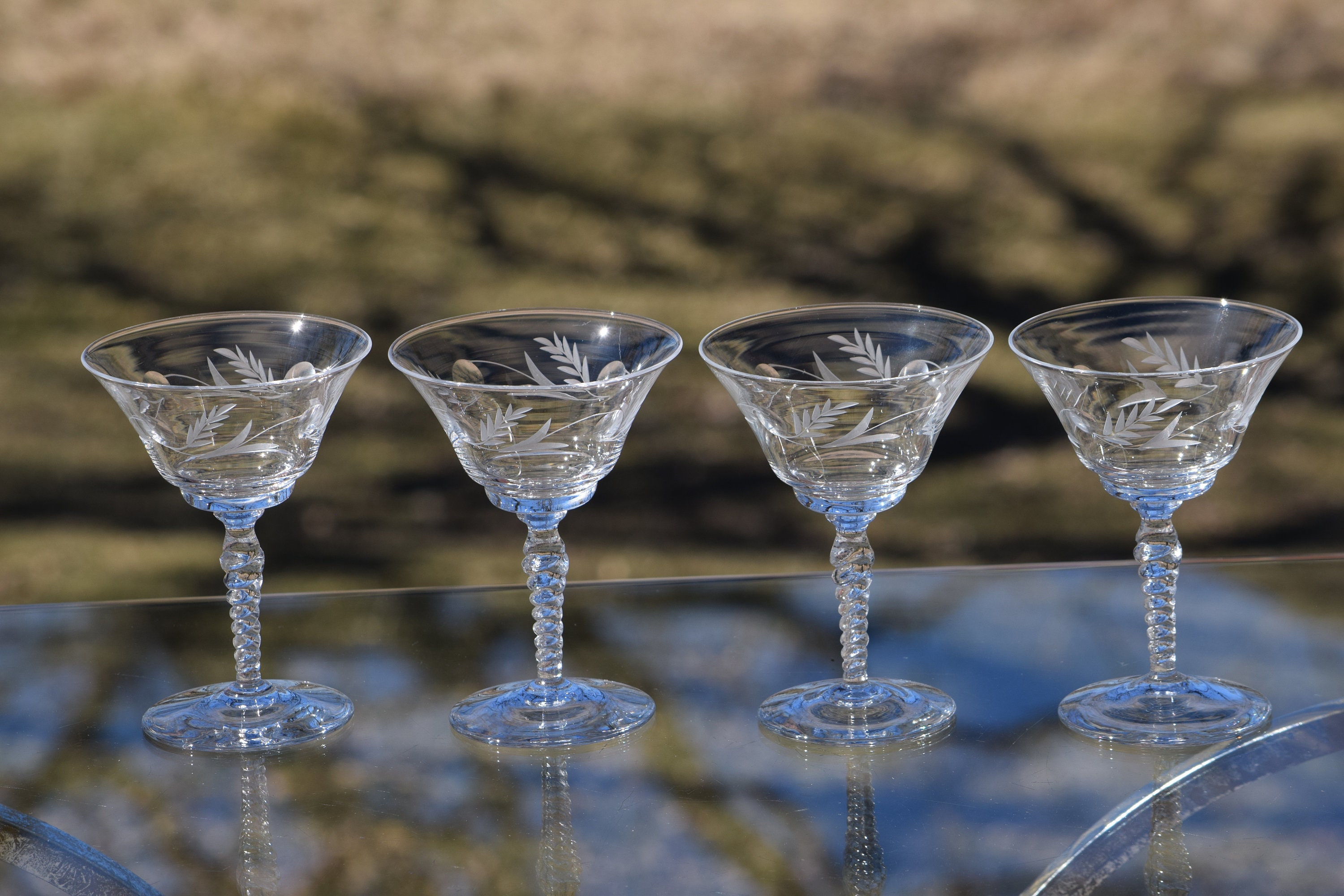 Vintage Wiggle Wavy Crooked Green Stem Martini Glasses Set of 4 