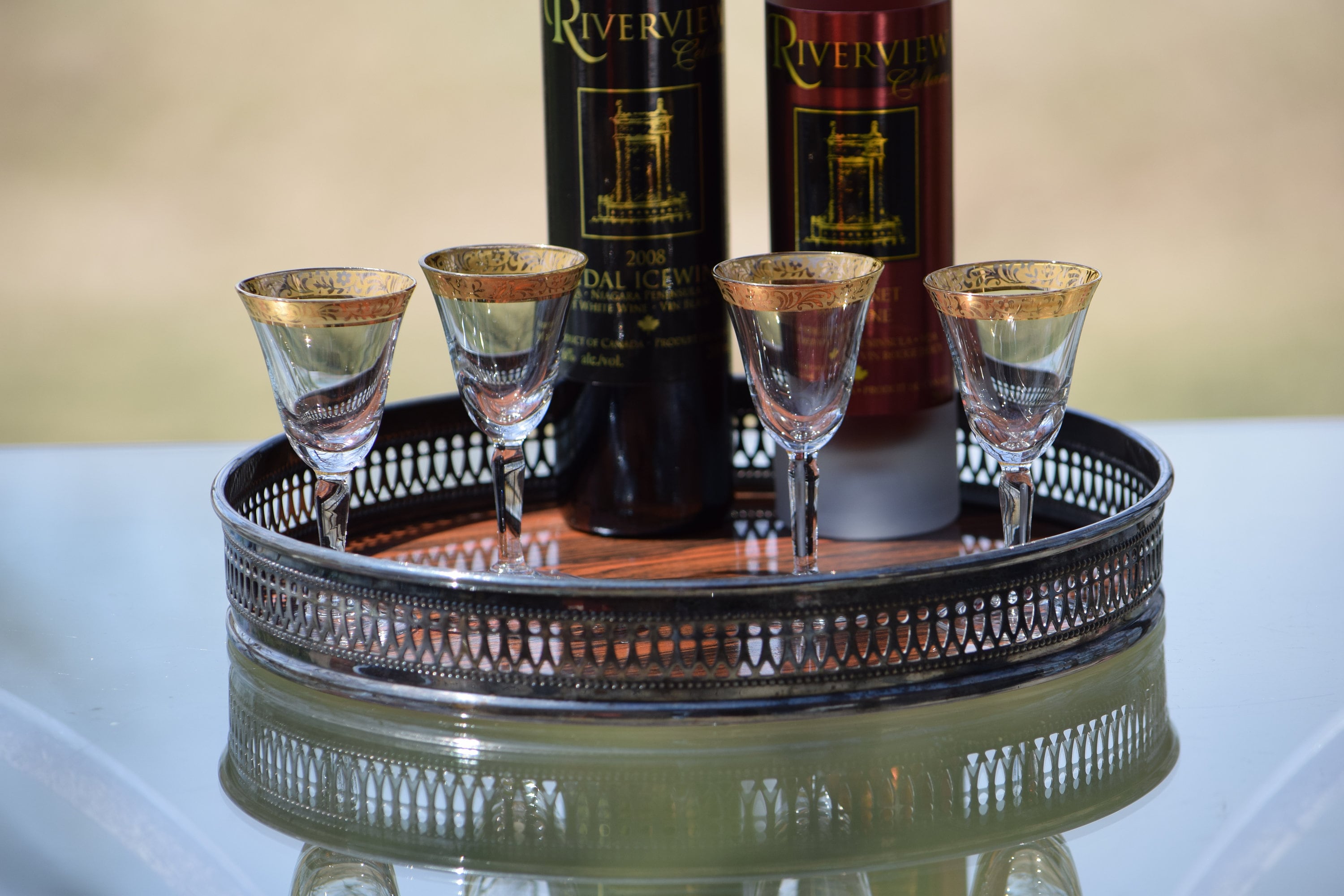 Vintage Silver Plate Wood Formica Cocktail Serving Tray, 9.75 Round