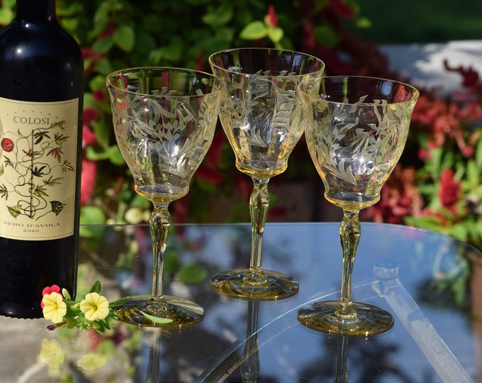 6 Vintage Etched Yellow Wine Glasses, 1940's, Elegant Tall Yellow