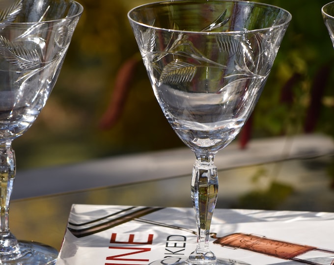 ELEGANT 4 Vintage Etched CRYSTAL Wine Glasses Tiffin Franciscan, circa 1950's, Vintage Etched Crystal Water Goblets, Vintage Glassware