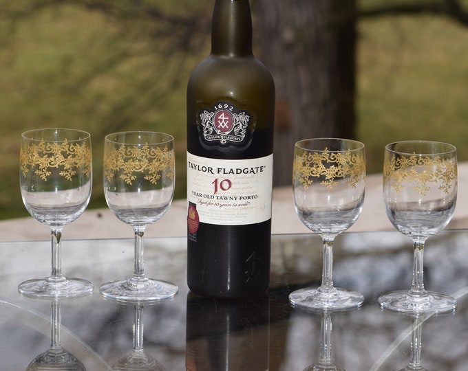 PRESTIGIOUS FRENCH Vintage BACCARAT Gold Etched Crystal Wine Glasses, Baccarat, Sevigne ~ Recamier, 1991, Baccarat 6 oz Port Wine Glasses