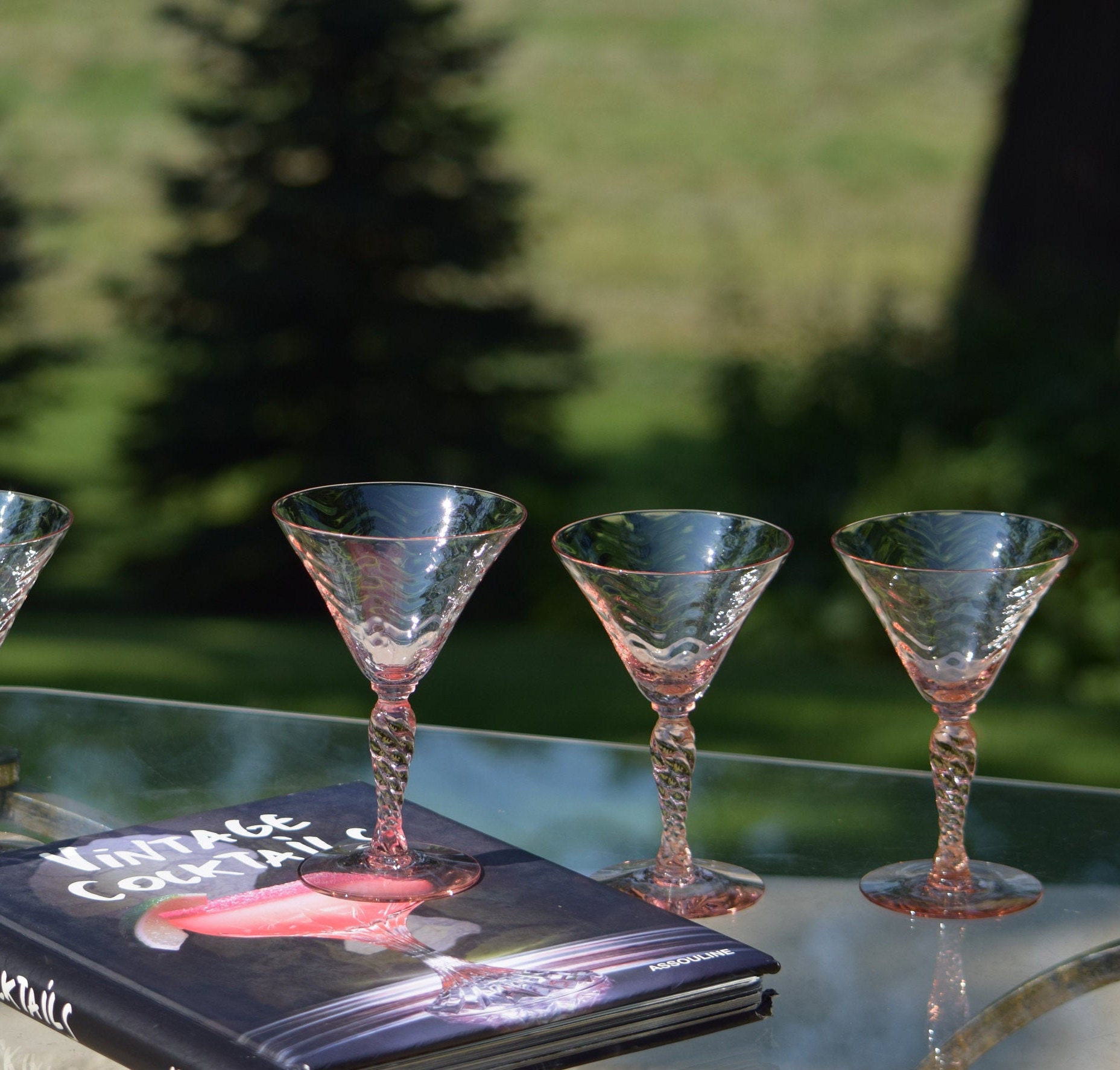 4 Vintage Pink Festoon Optic Cocktail Martini Glasses, Circa 1930's