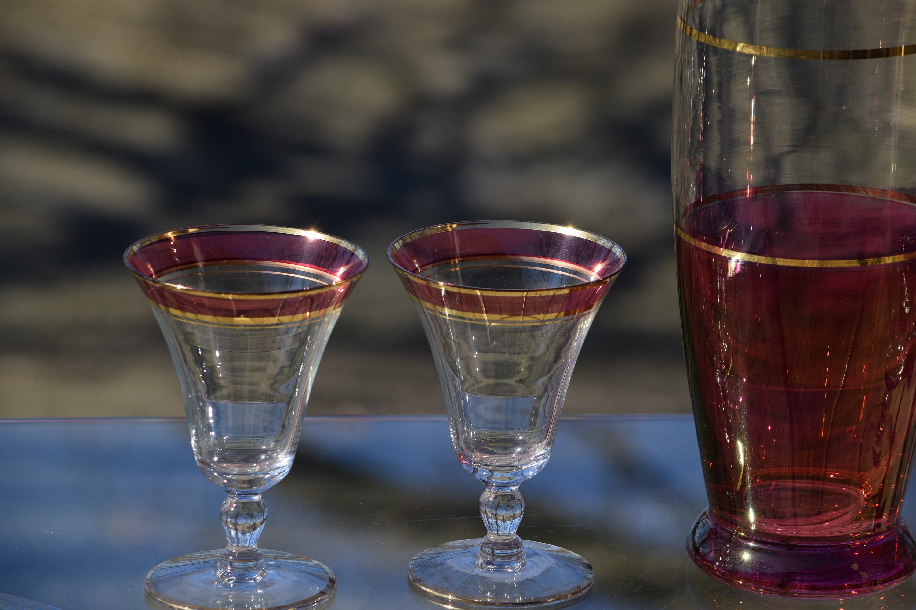 Vintage Mid Century Pink & Gold Martini Cocktail Shaker with Matching