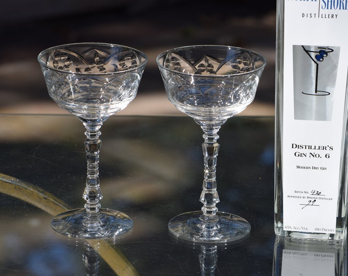 4 Vintage Etched Cocktail - Champagne Glasses, 1950's Rock Sharpe, Nick and Nora, Cocktail Party Glasses, Mixologist Craft Cocktail Glasses