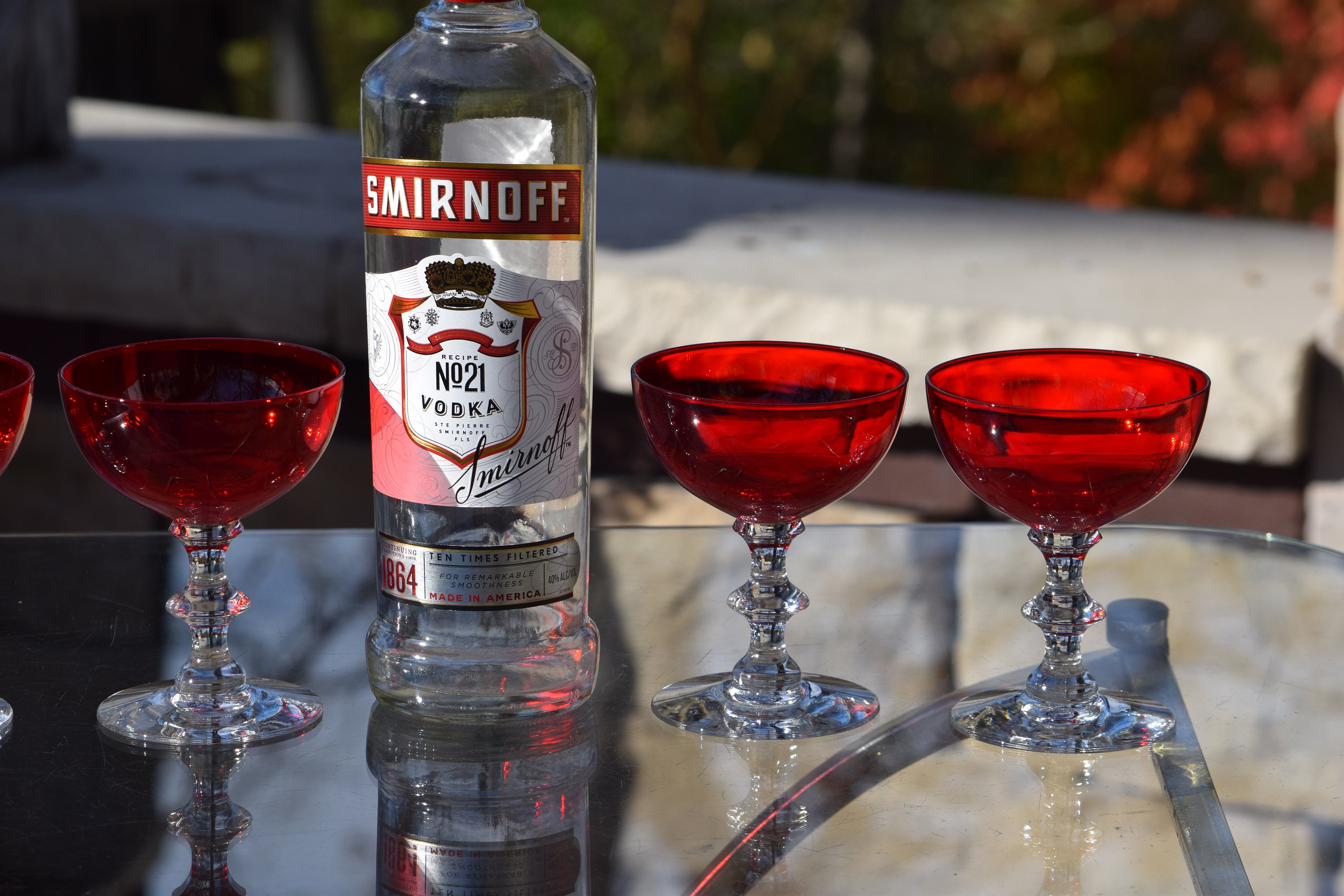 4 Vintage Etched Ruby Red Liqueur - Wine Glasses, circa 1950