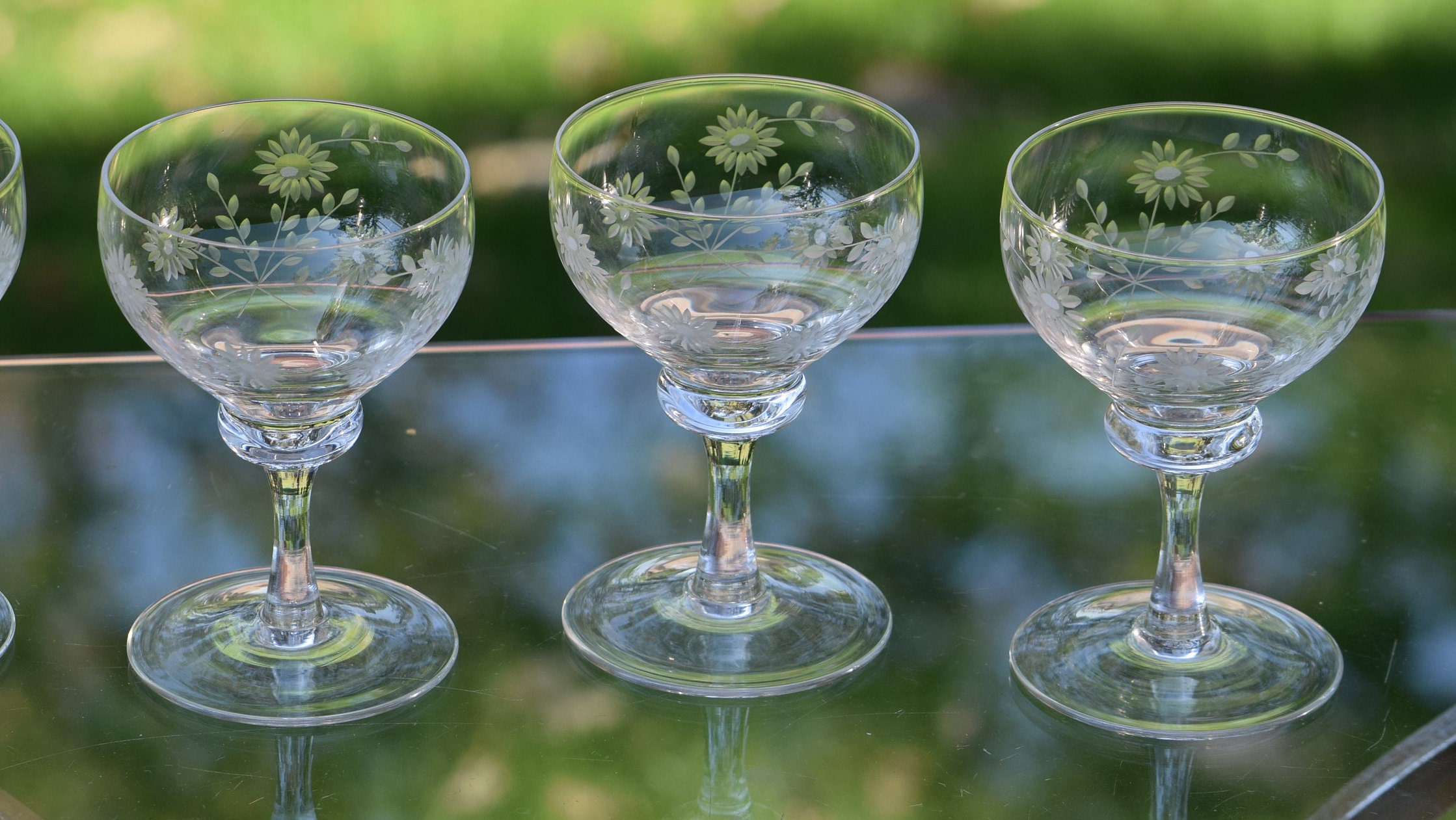 Vintage Floral Etched Wine Glasses, Set of 4, Antique Wine glasses