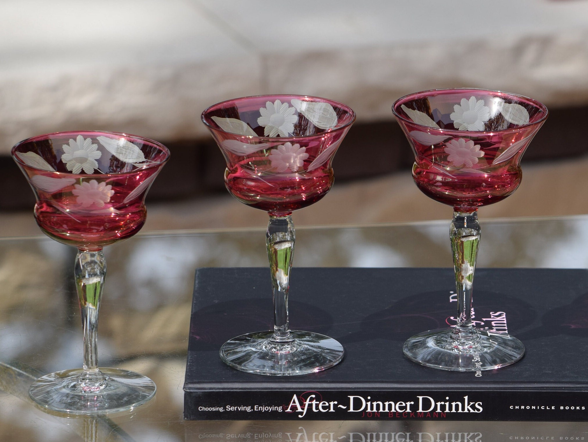 6 Vintage Etched with Ruby Red Foot Wine Glasses, circa 1950, 5 oz Wine  glasses ~ Dessert Wine ~ After Dinner Drink Glasses